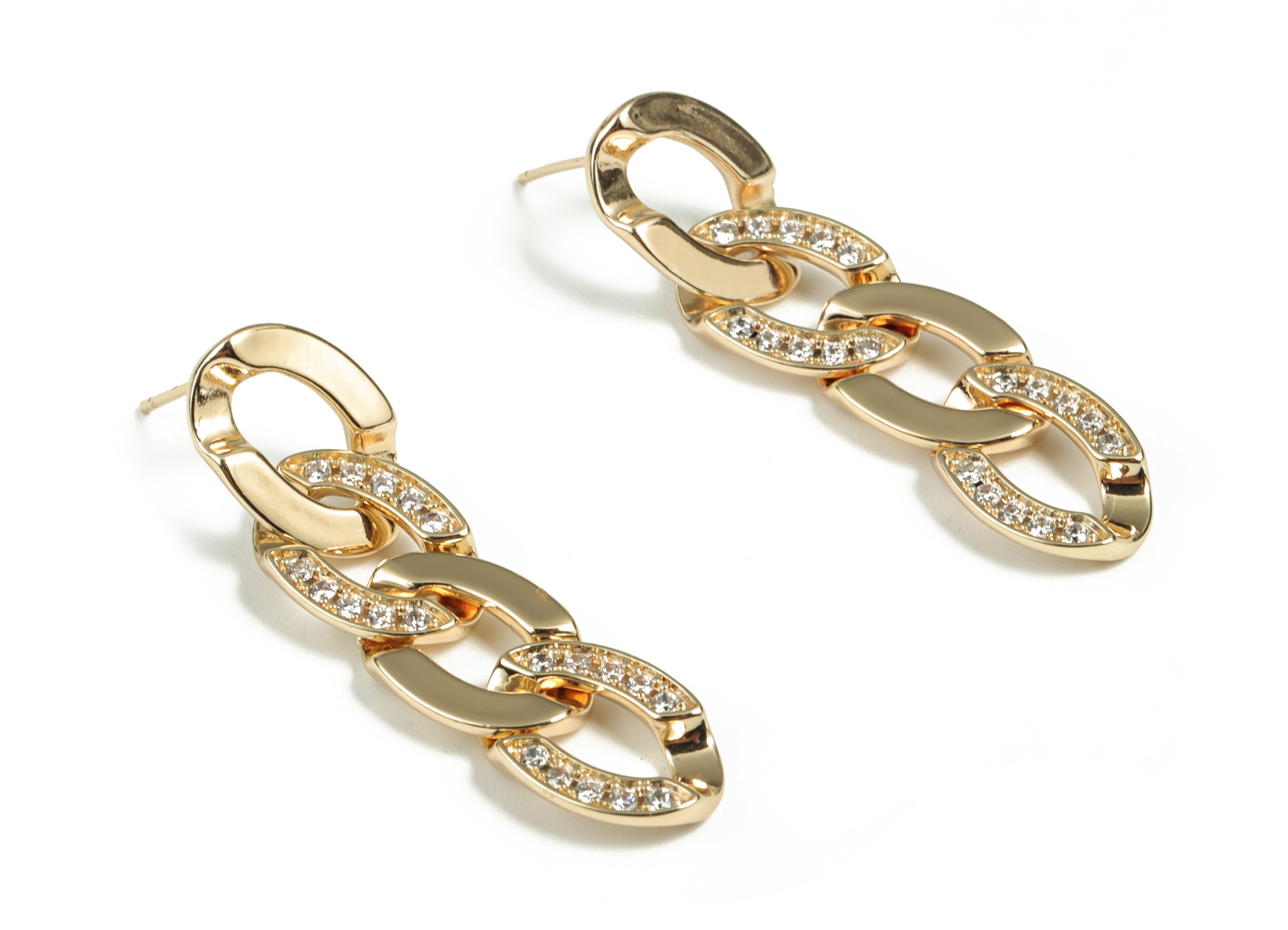 Brass Double Oval Earring Stud With Zircons - 18K Real Gold Plated Brass Double Oval Post – 925 Silver Stud - 44.26x11.3x2.23mm - RGP2945 - DOMEDBAZAAR