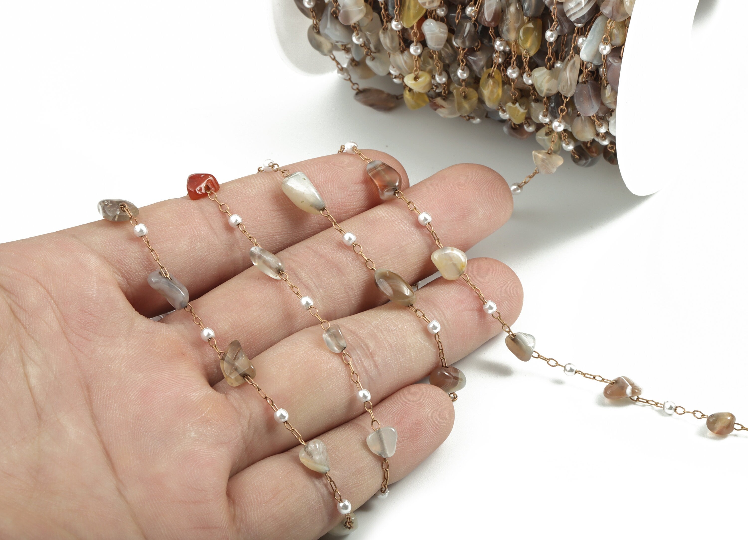 Brass Natural Stone Beaded Chain – Natural Mix Color Stones – Satellite Pearl Chain for Necklace, Bracelet - 2.3x1.66 x0.28mm – CC1175-1 - DOMEDBAZAAR