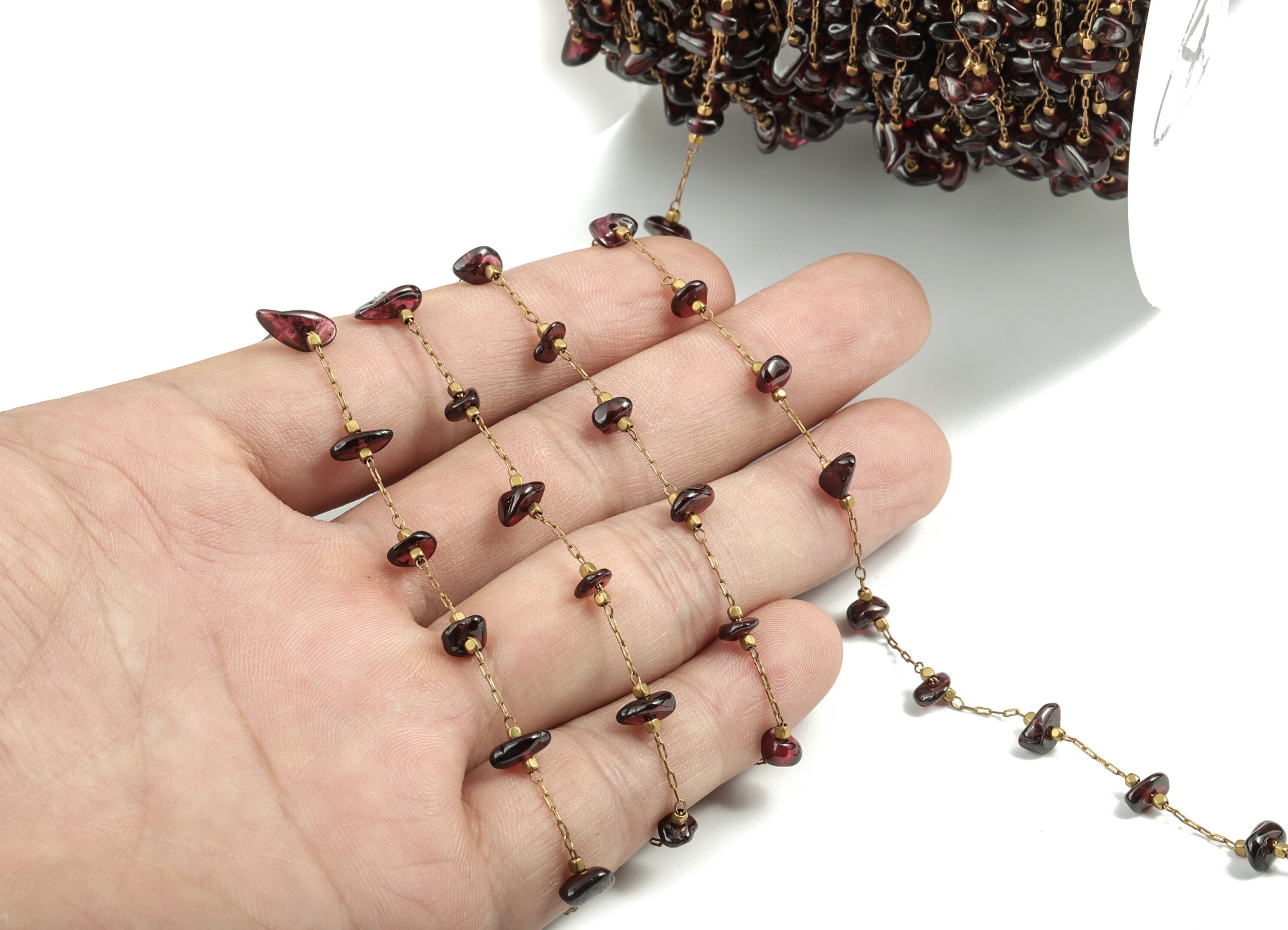 Brass Natural Stone Beaded Chain –Raw Brass Dark Red Stone Chain – Satellite Chain for Necklace, Bracelet - 2.36x0.84x0.22mm – CC1175-4 - DOMEDBAZAAR