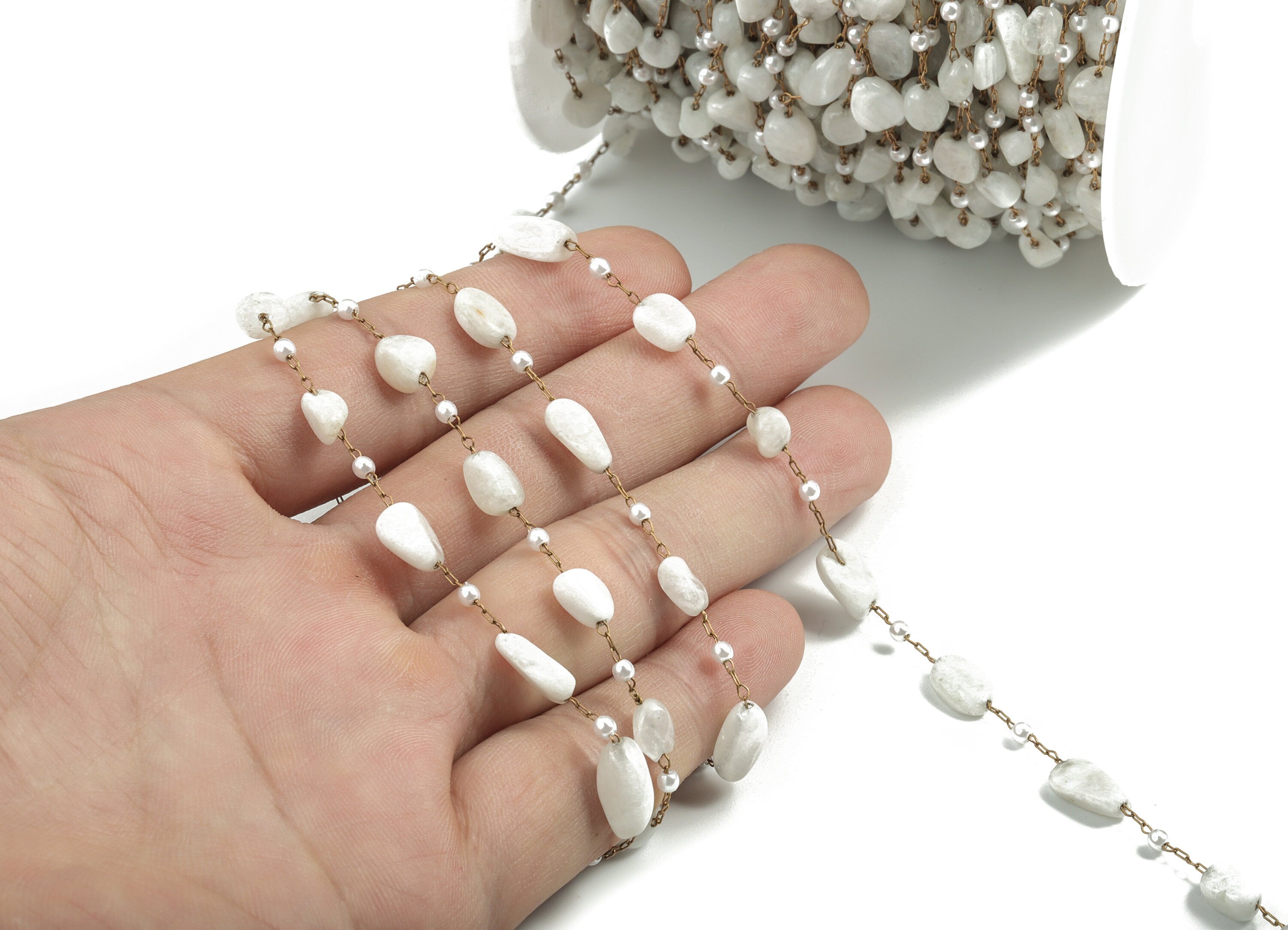 Brass White Stone Chain –Raw Brass White Stone Pearl Beaded Chain – Satellite Chain for Necklace, Bracelet - 2.23x1.49x0.26mm – CC1175-5 - DOMEDBAZAAR
