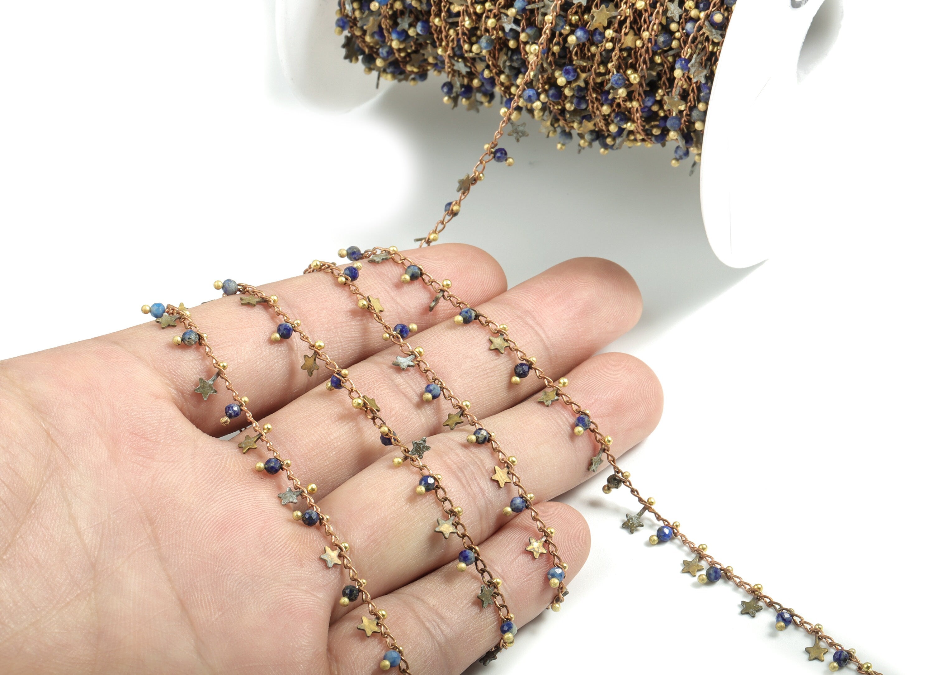 Natural Stone Beaded Chain – Raw Brass Blue Stones – Satellite Chain for Necklace, Bracelet, Jewelry Supplies - 2.81x1.63x0.35mm – CC1175-8 - DOMEDBAZAAR