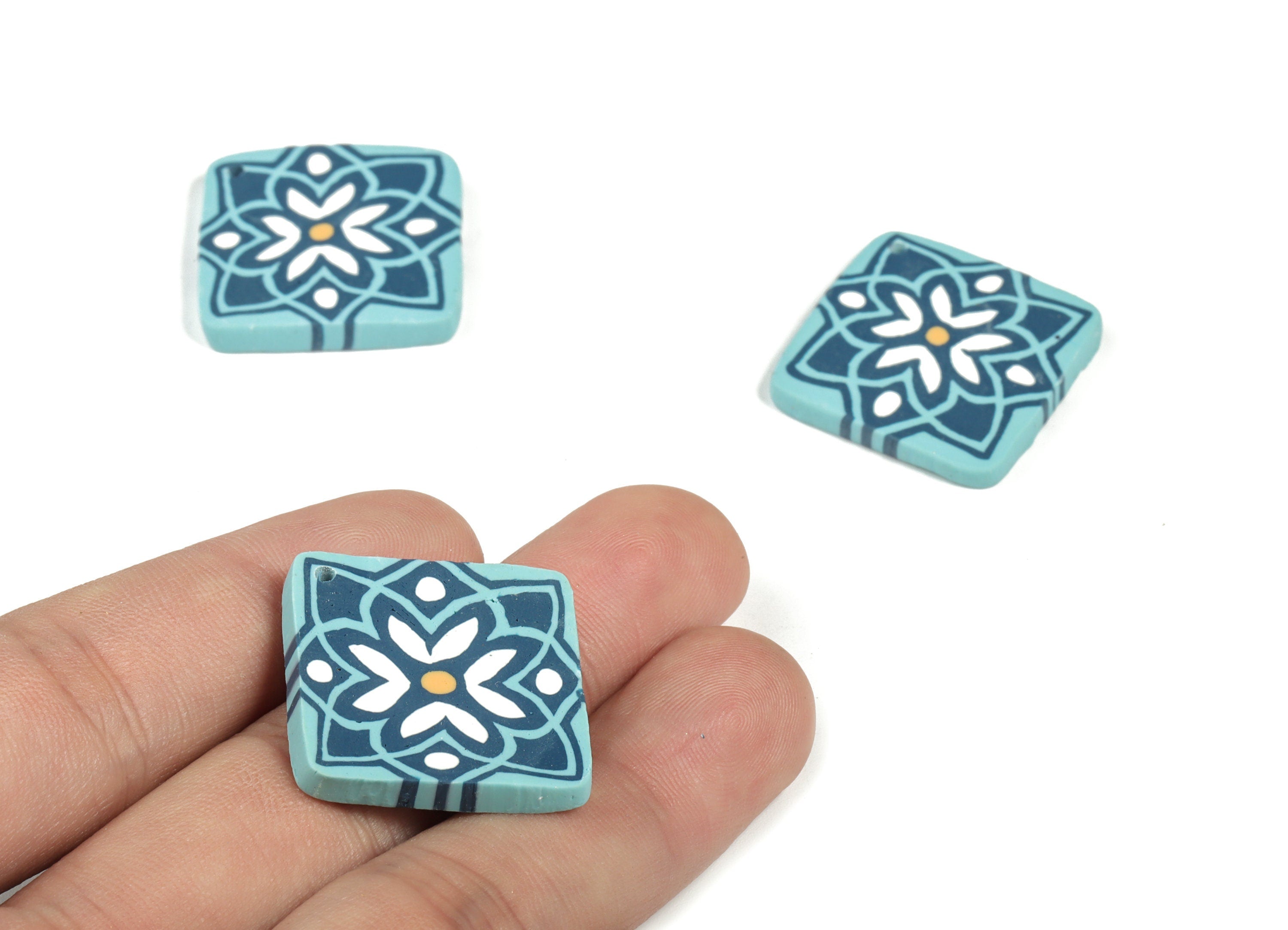 Polymer Clay Square Flower Earring Charms - Polymer Clay Square Flower Pendant - Earring Findings - Jewellery Handmade - 33x33x3mm - PC2276 - DOMEDBAZAAR