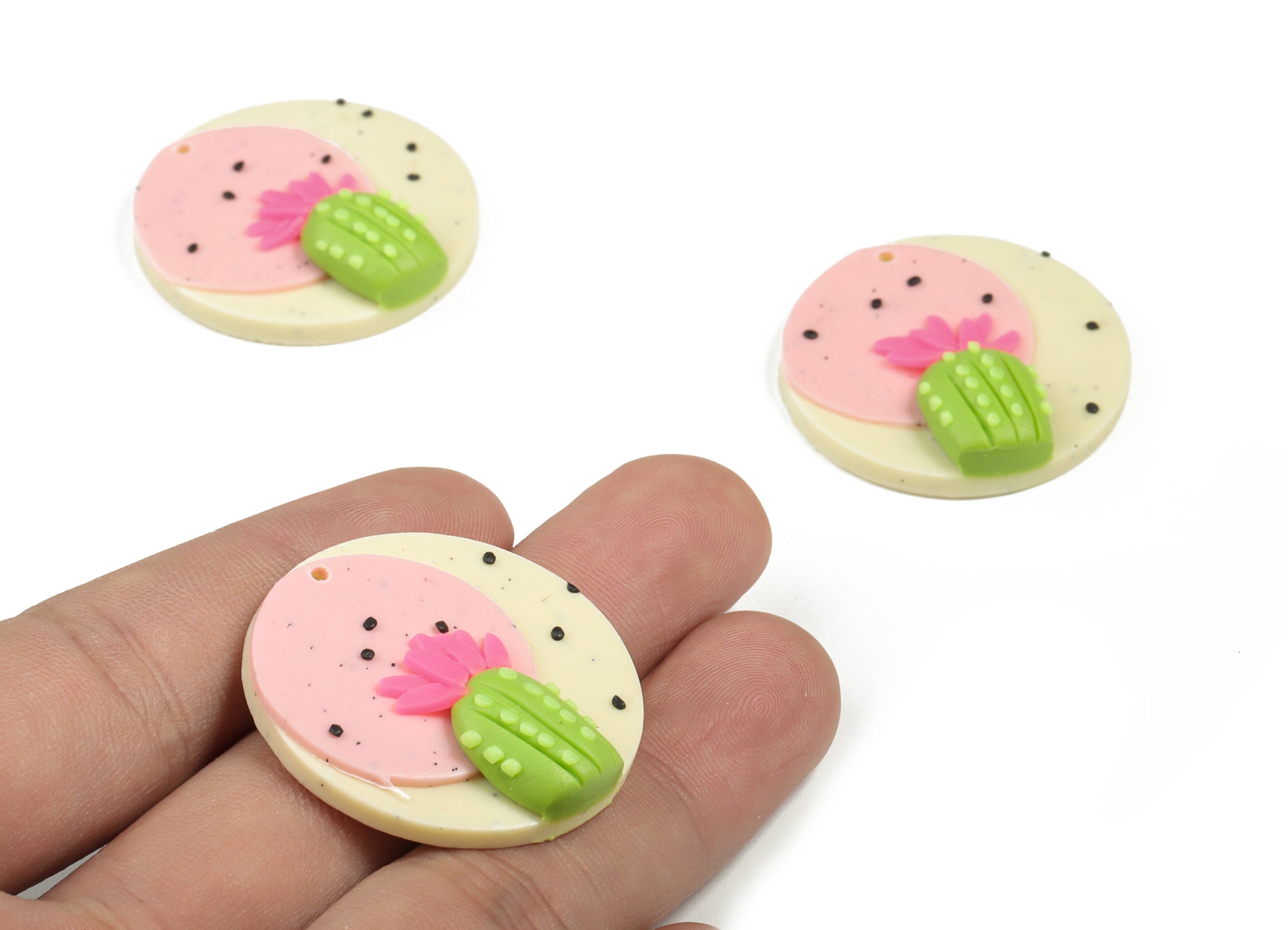 PolymerClay Round Cactus Earring Charms - PolymerClay Circle Cactus Pandant - Earring Findings - Jewelry Handmade - 34x33x8mm - PC2270A - DOMEDBAZAAR