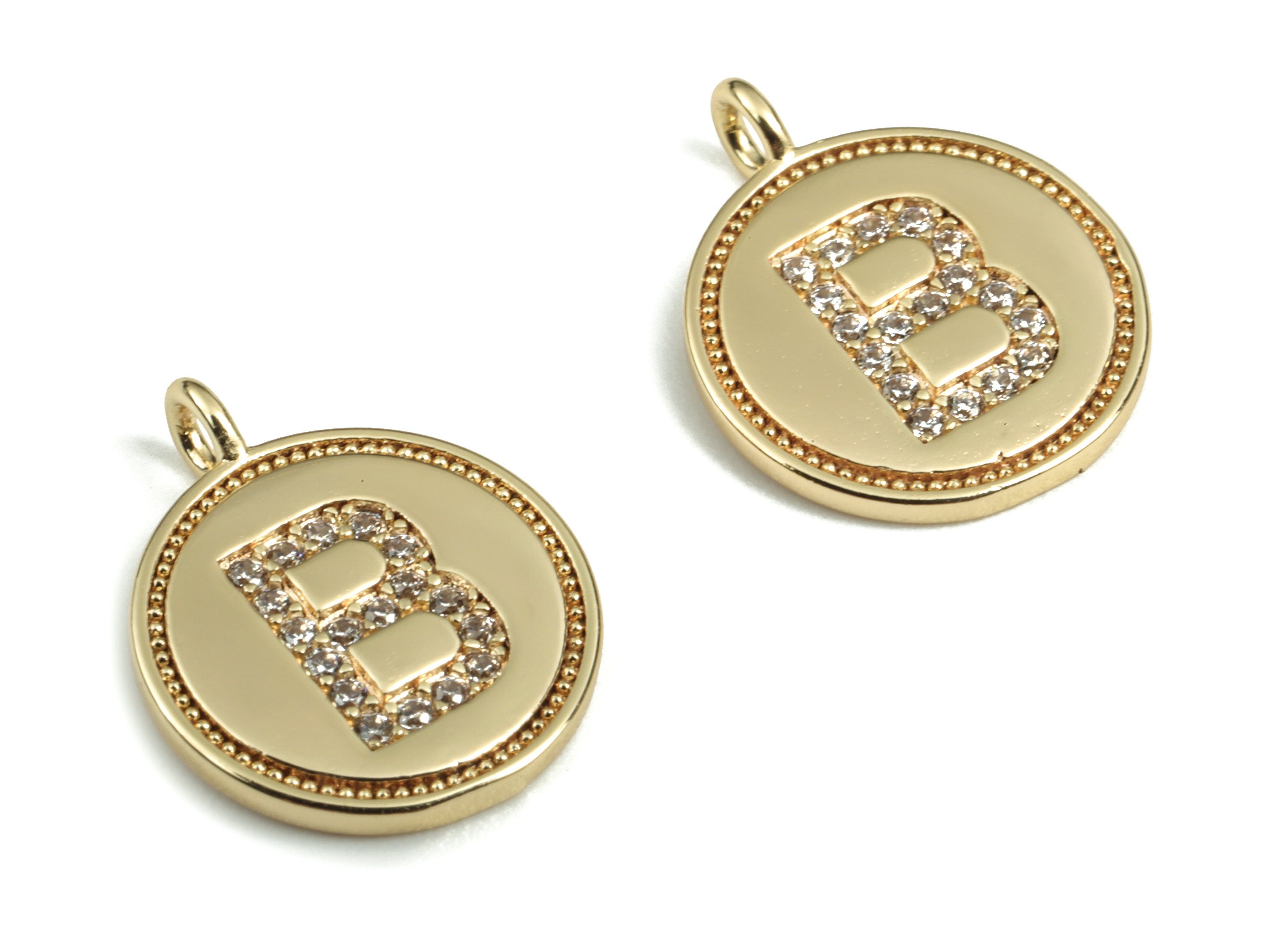 Brass Round Letter B Charm – Initial B Gold Round Pendant – 18k Real Gold Plated Brass Earring Charms – 14.72x11.88x1.39mm - RGP2853B - DOMEDBAZAAR