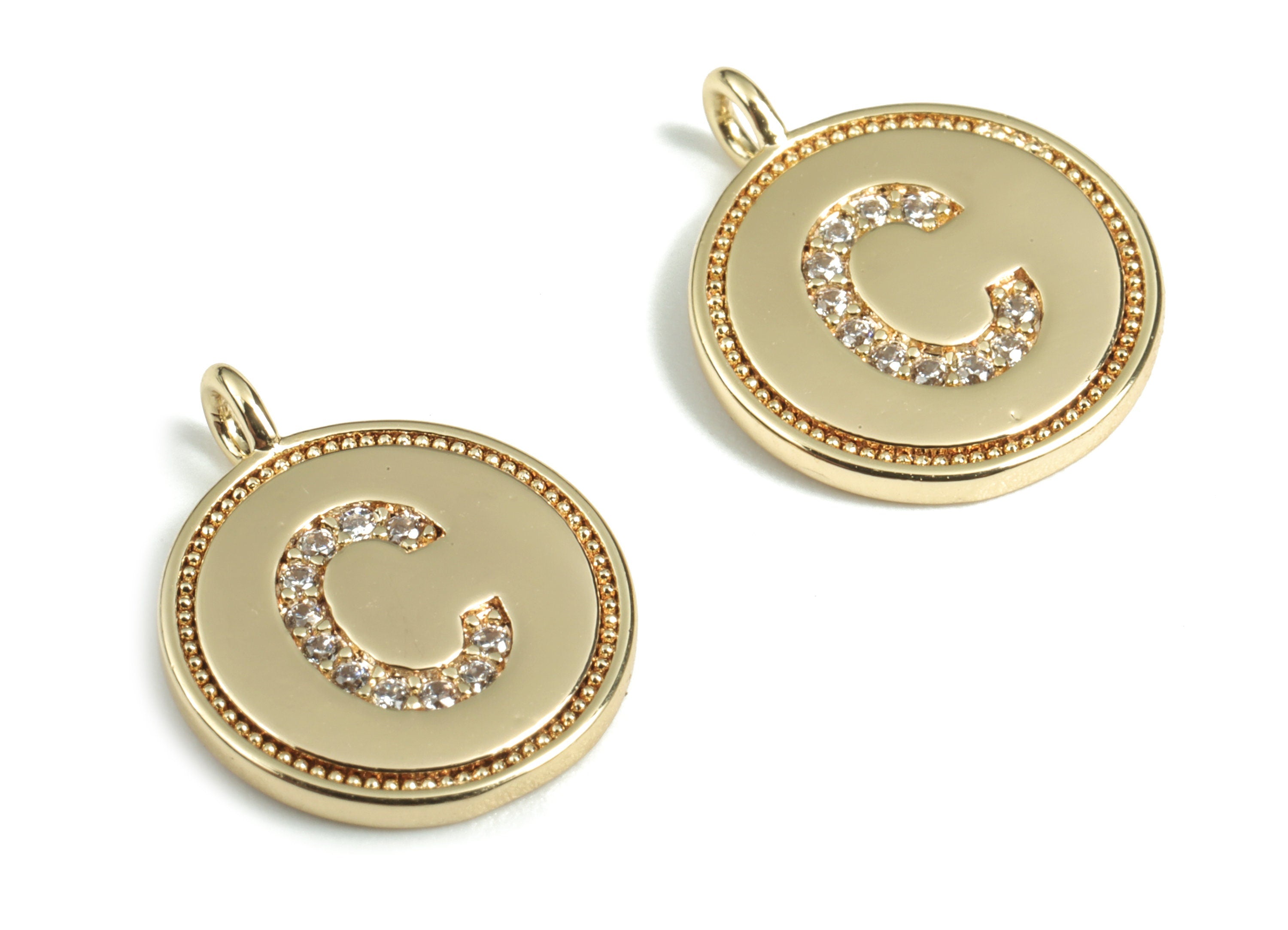 Brass Round Letter C Charm – Initial C Gold Round Pendant – 18k Real Gold Plated Brass Earring Charms – 14.72x11.88x1.39mm - RGP2853C - DOMEDBAZAAR