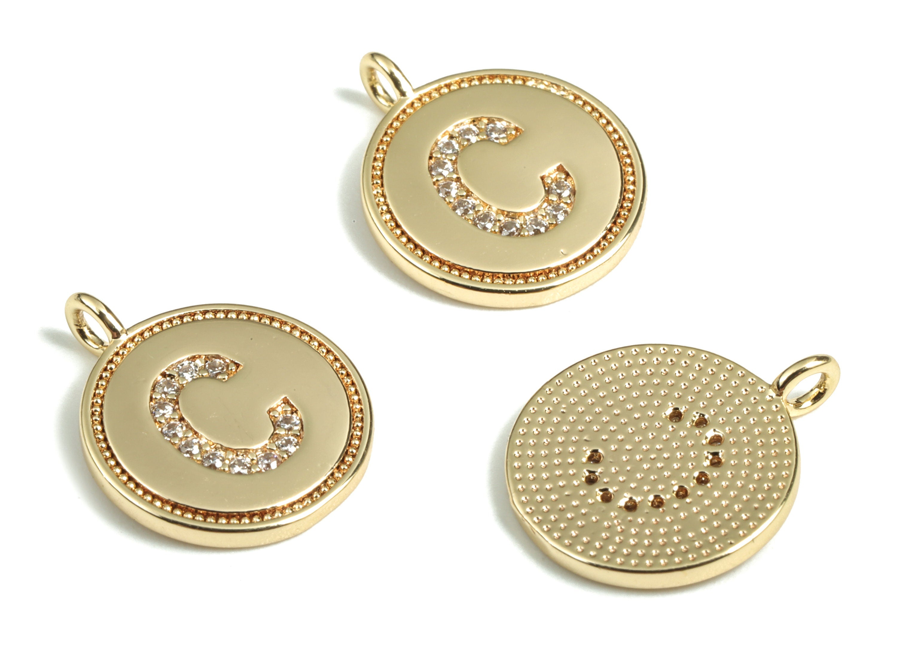 Brass Round Letter C Charm – Initial C Gold Round Pendant – 18k Real Gold Plated Brass Earring Charms – 14.72x11.88x1.39mm - RGP2853C - DOMEDBAZAAR