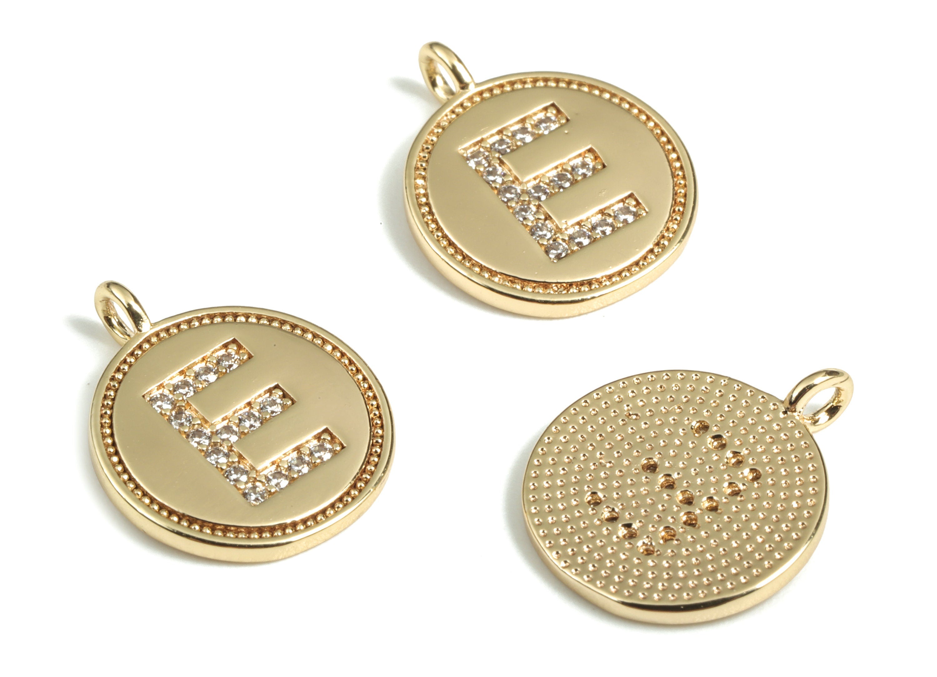 Brass Round Letter E Charm – Initial E Gold Round Pendant – 18k Real Gold Plated Brass Earring Charms – 14.72x11.88x1.39mm - RGP2853E - DOMEDBAZAAR