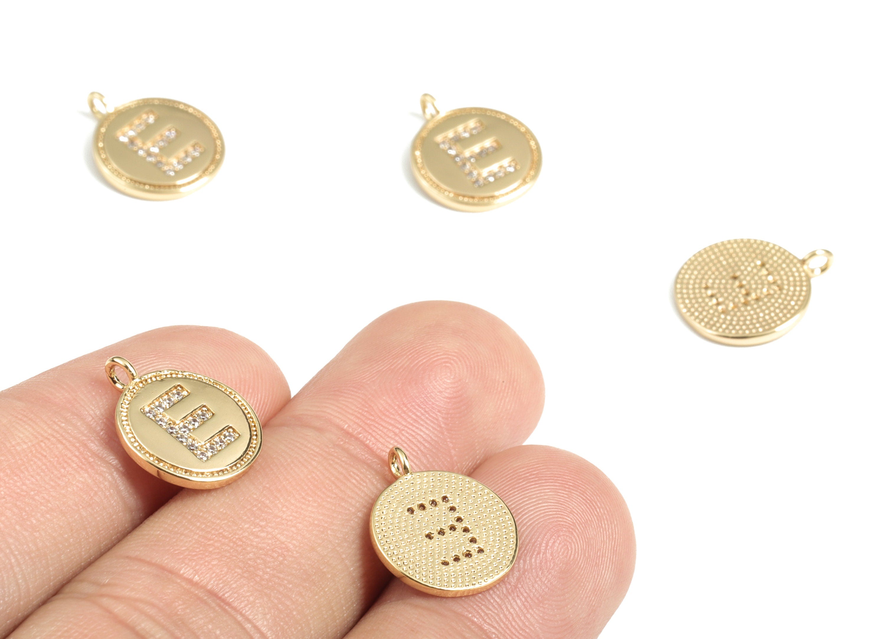 Brass Round Letter E Charm – Initial E Gold Round Pendant – 18k Real Gold Plated Brass Earring Charms – 14.72x11.88x1.39mm - RGP2853E - DOMEDBAZAAR