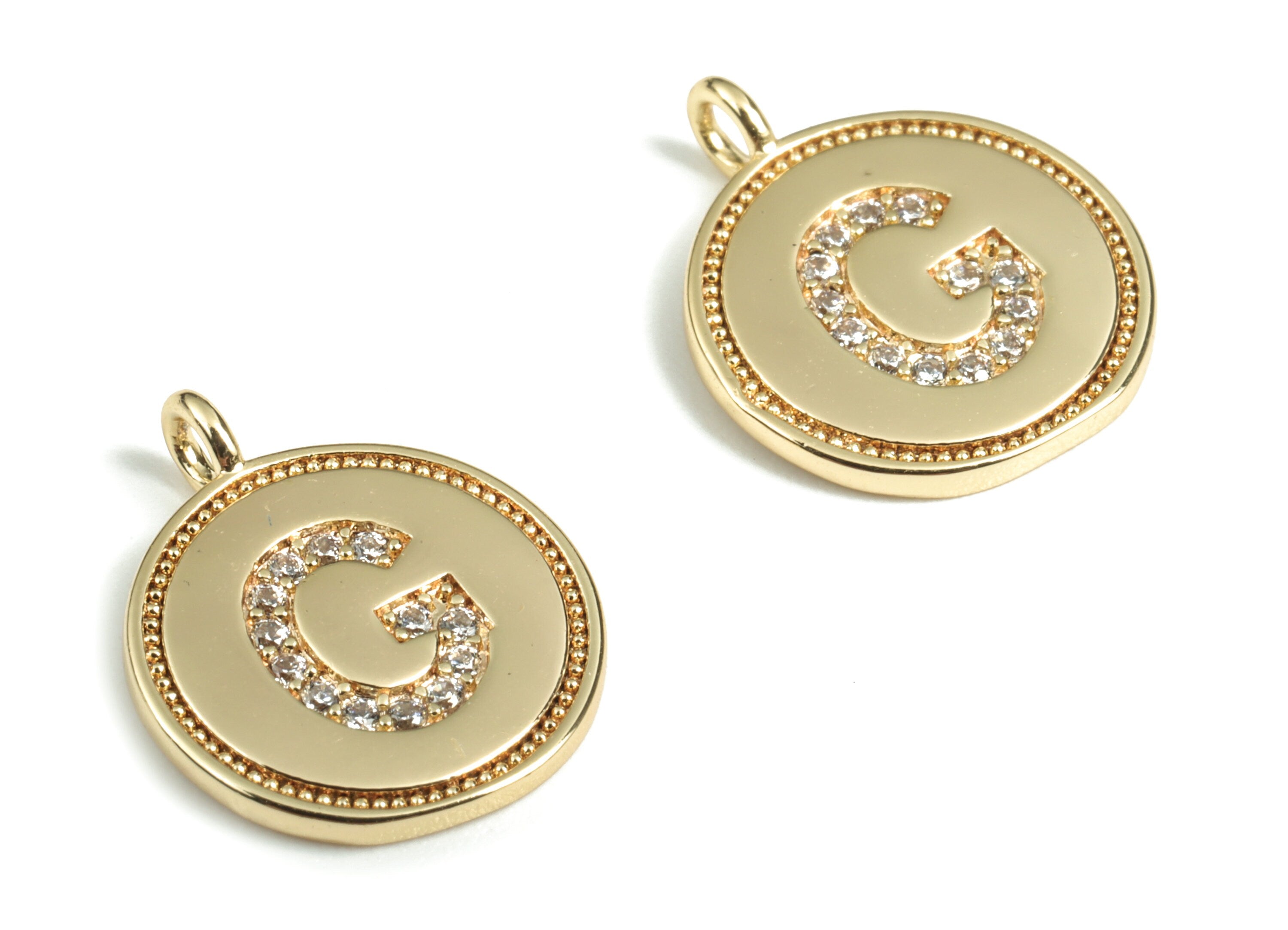 Brass Round Letter G Charm – Initial G Gold Round Pendant – 18k Real Gold Plated Brass Earring Charms – 14.72x11.88x1.39mm - RGP2853G - DOMEDBAZAAR