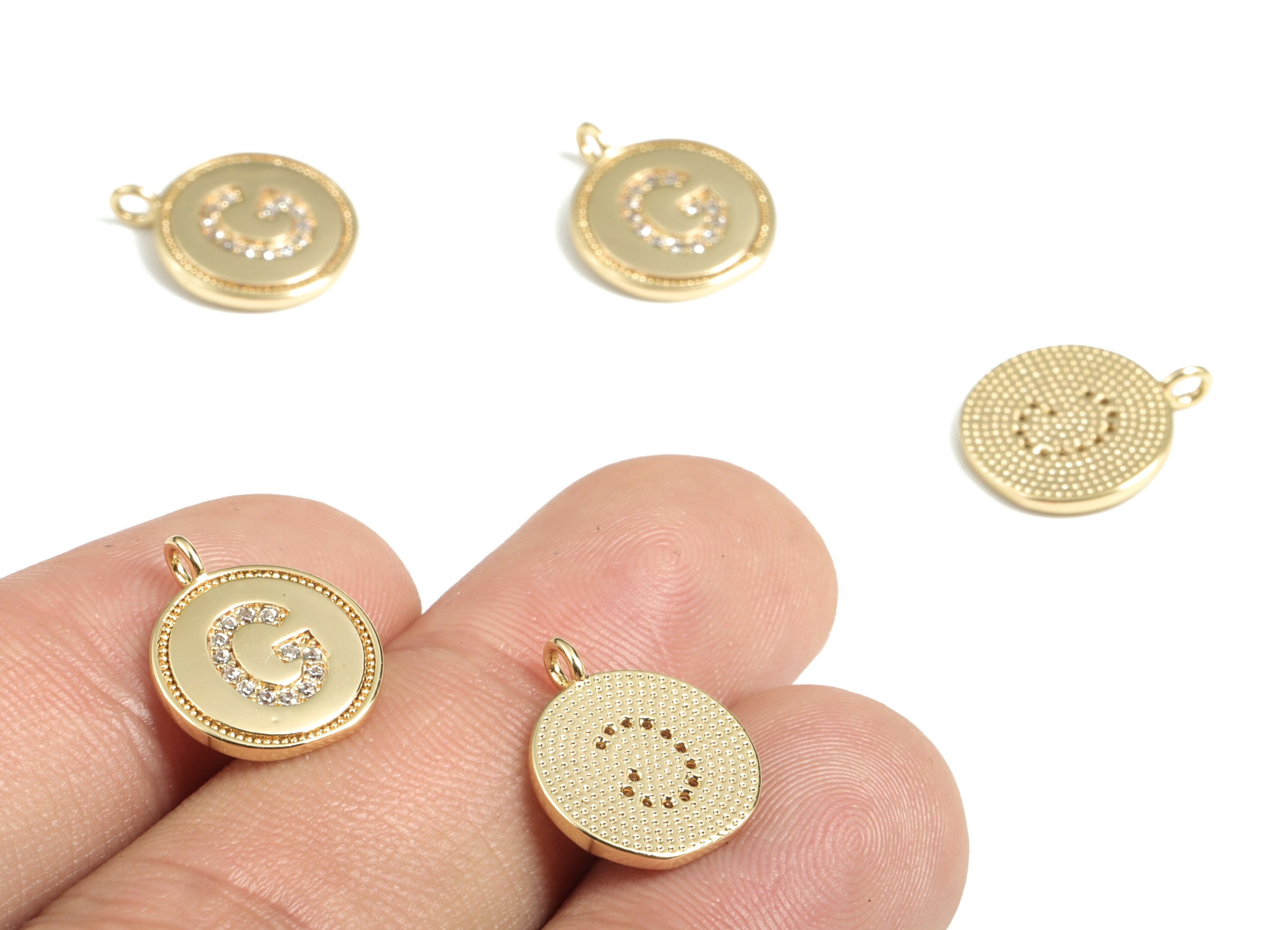 Brass Round Letter G Charm – Initial G Gold Round Pendant – 18k Real Gold Plated Brass Earring Charms – 14.72x11.88x1.39mm - RGP2853G - DOMEDBAZAAR