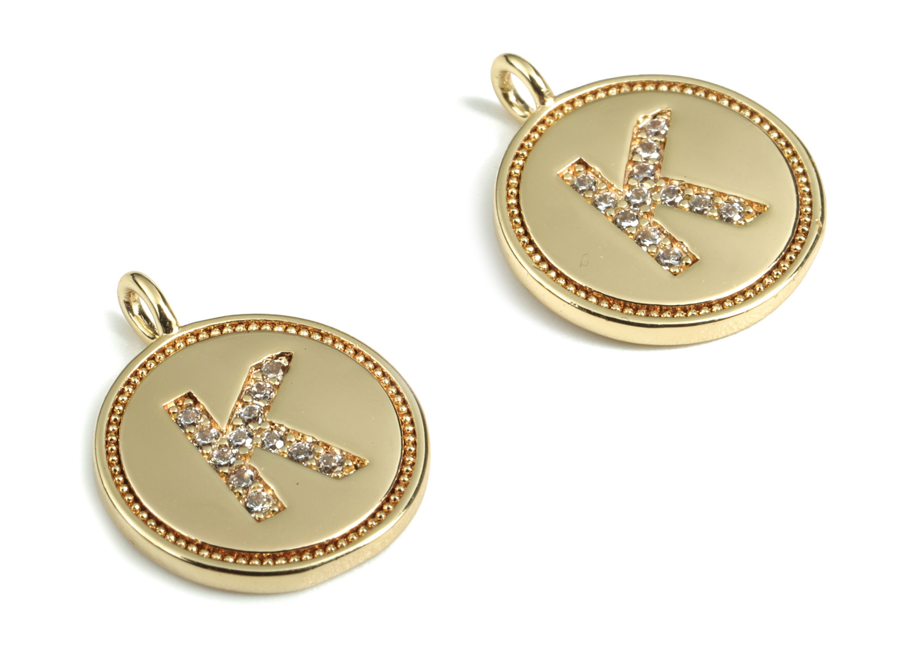 Brass Round Letter K Charm – Initial K Gold Round Pendant – 18k Real Gold Plated Brass Earring Charms – 14.72x11.88x1.39mm - RGP2853K - DOMEDBAZAAR