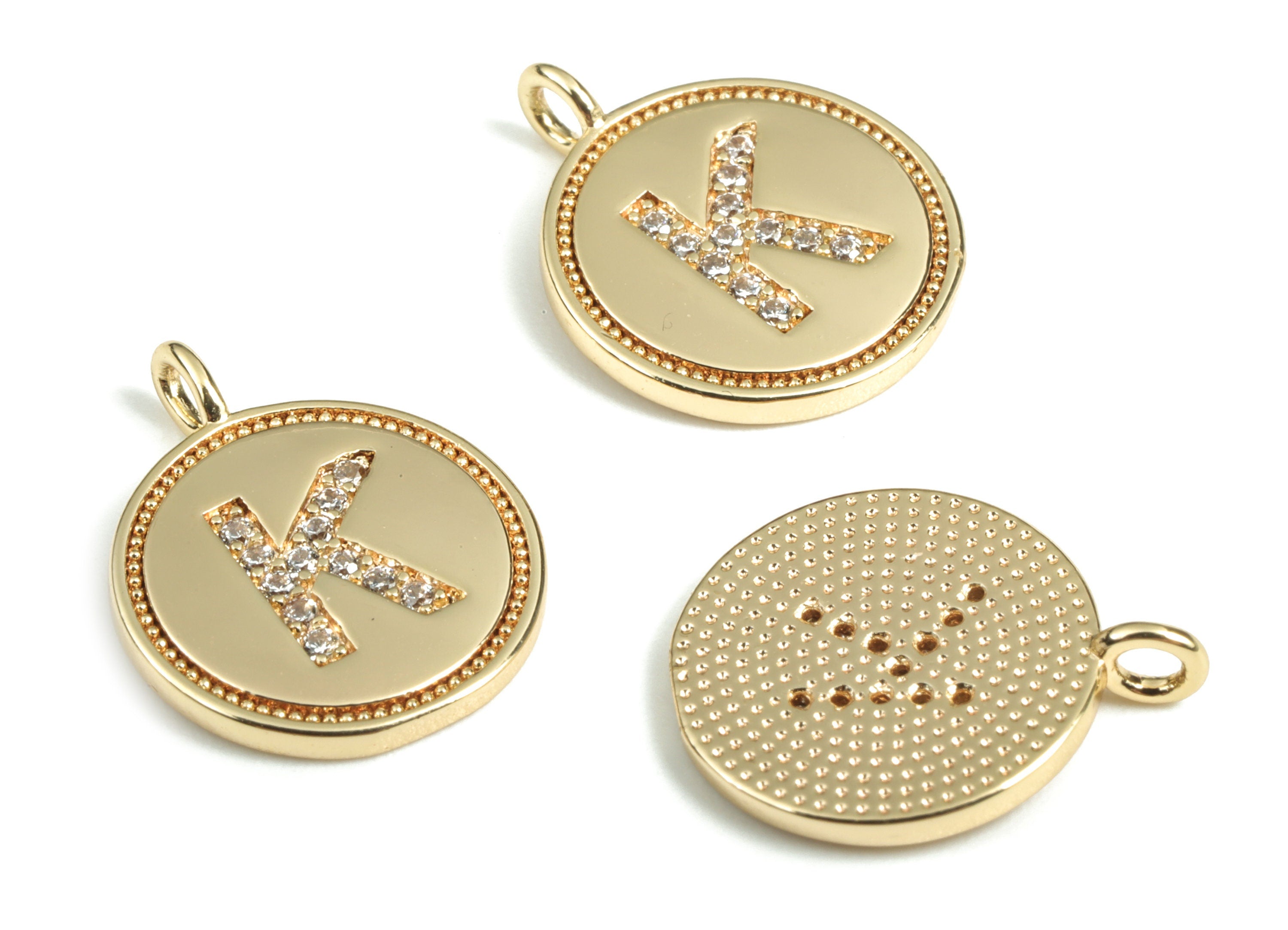 Brass Round Letter K Charm – Initial K Gold Round Pendant – 18k Real Gold Plated Brass Earring Charms – 14.72x11.88x1.39mm - RGP2853K - DOMEDBAZAAR