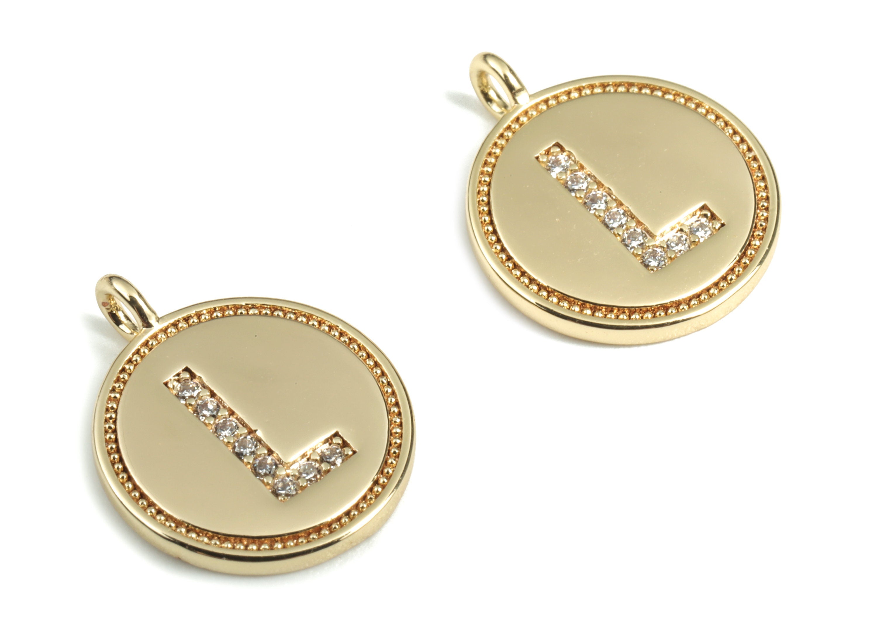 Brass Round Letter L Charm – Initial L Gold Round Pendant – 18k Real Gold Plated Brass Earring Charms – 14.72x11.88x1.39mm - RGP2853L - DOMEDBAZAAR