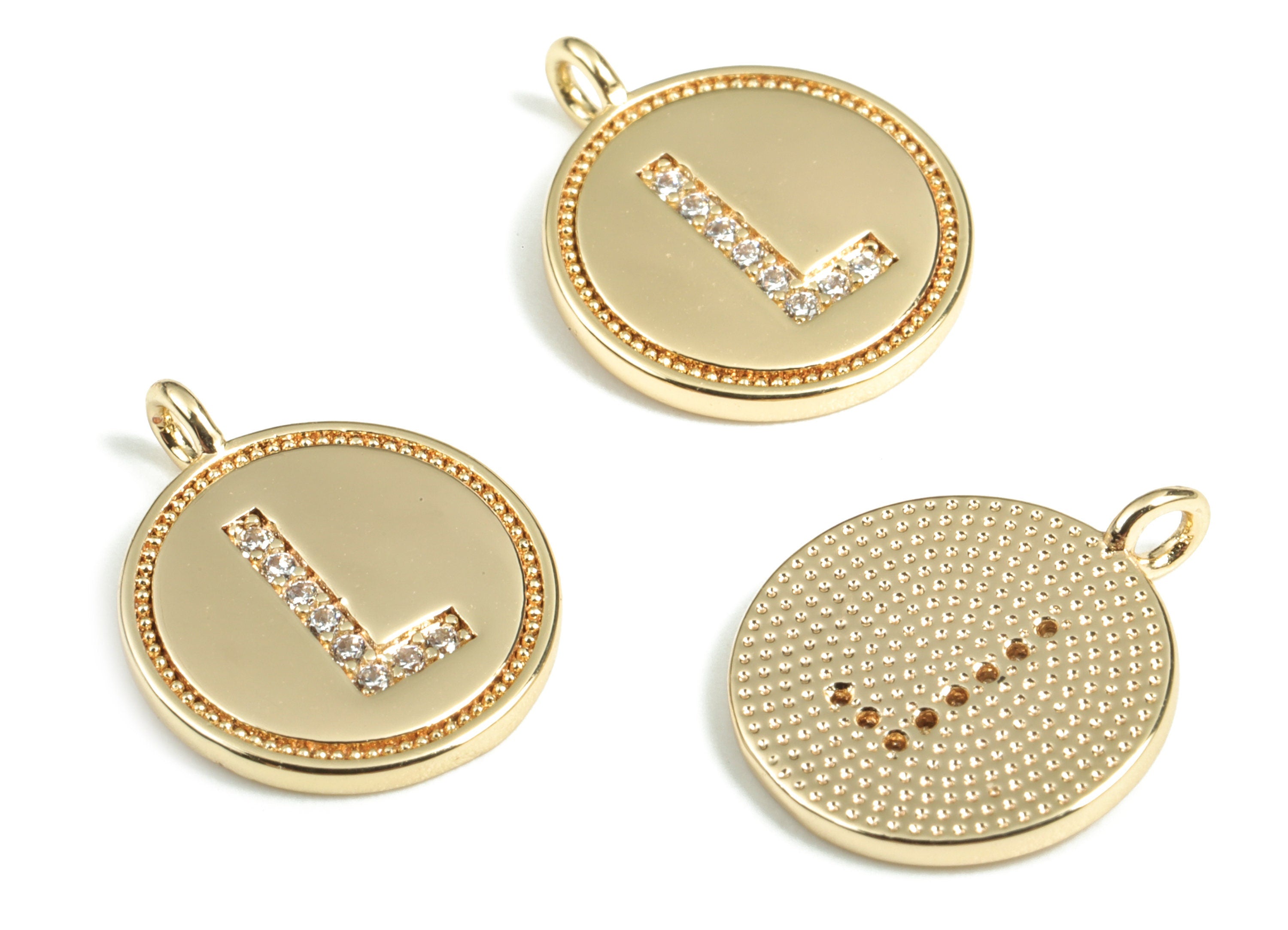 Brass Round Letter L Charm – Initial L Gold Round Pendant – 18k Real Gold Plated Brass Earring Charms – 14.72x11.88x1.39mm - RGP2853L - DOMEDBAZAAR