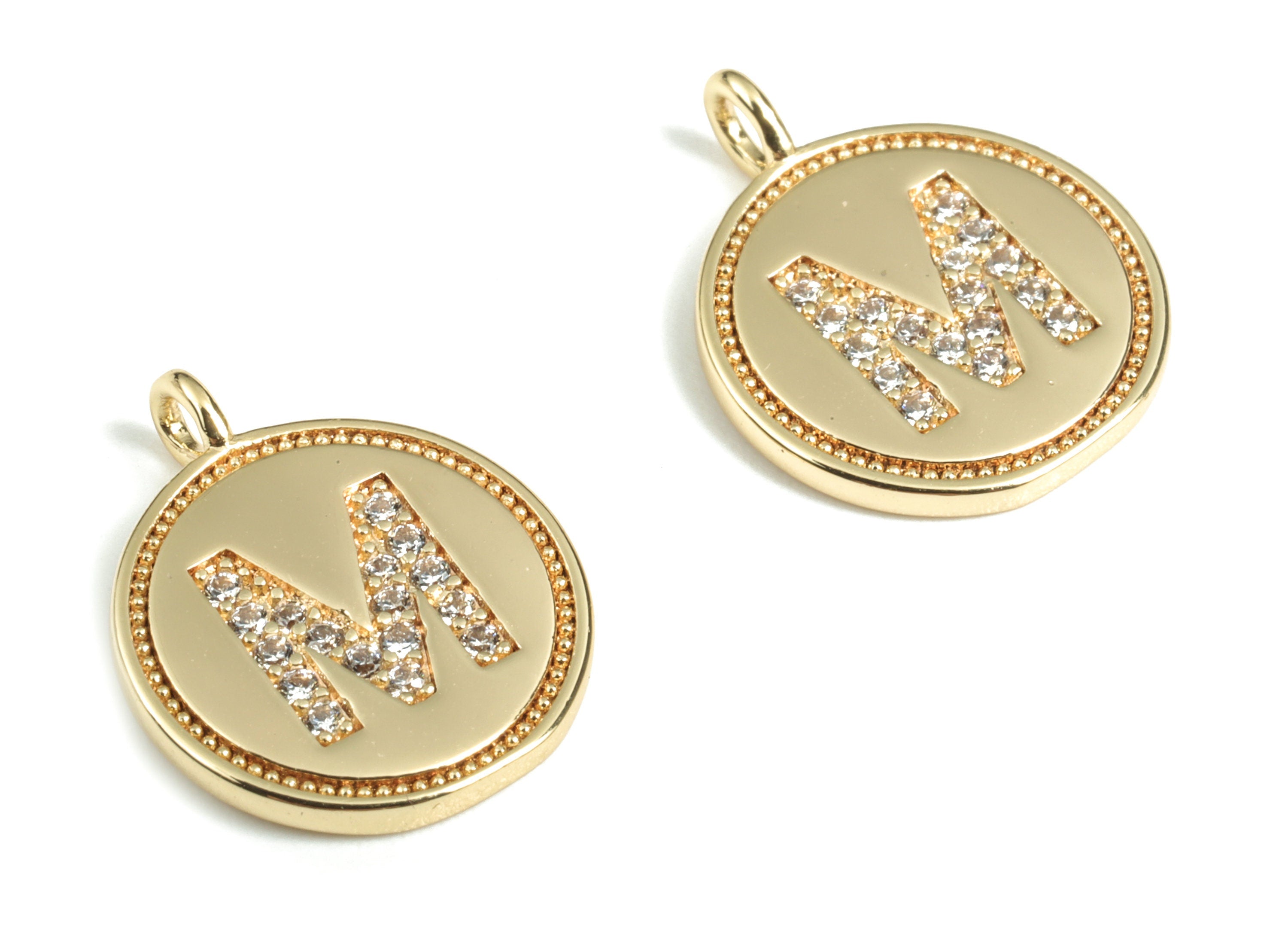 Brass Round Letter M Charm – Initial M Gold Round Pendant – 18k Real Gold Plated Brass Earring Charms – 14.72x11.88x1.39mm - RGP2853M - DOMEDBAZAAR