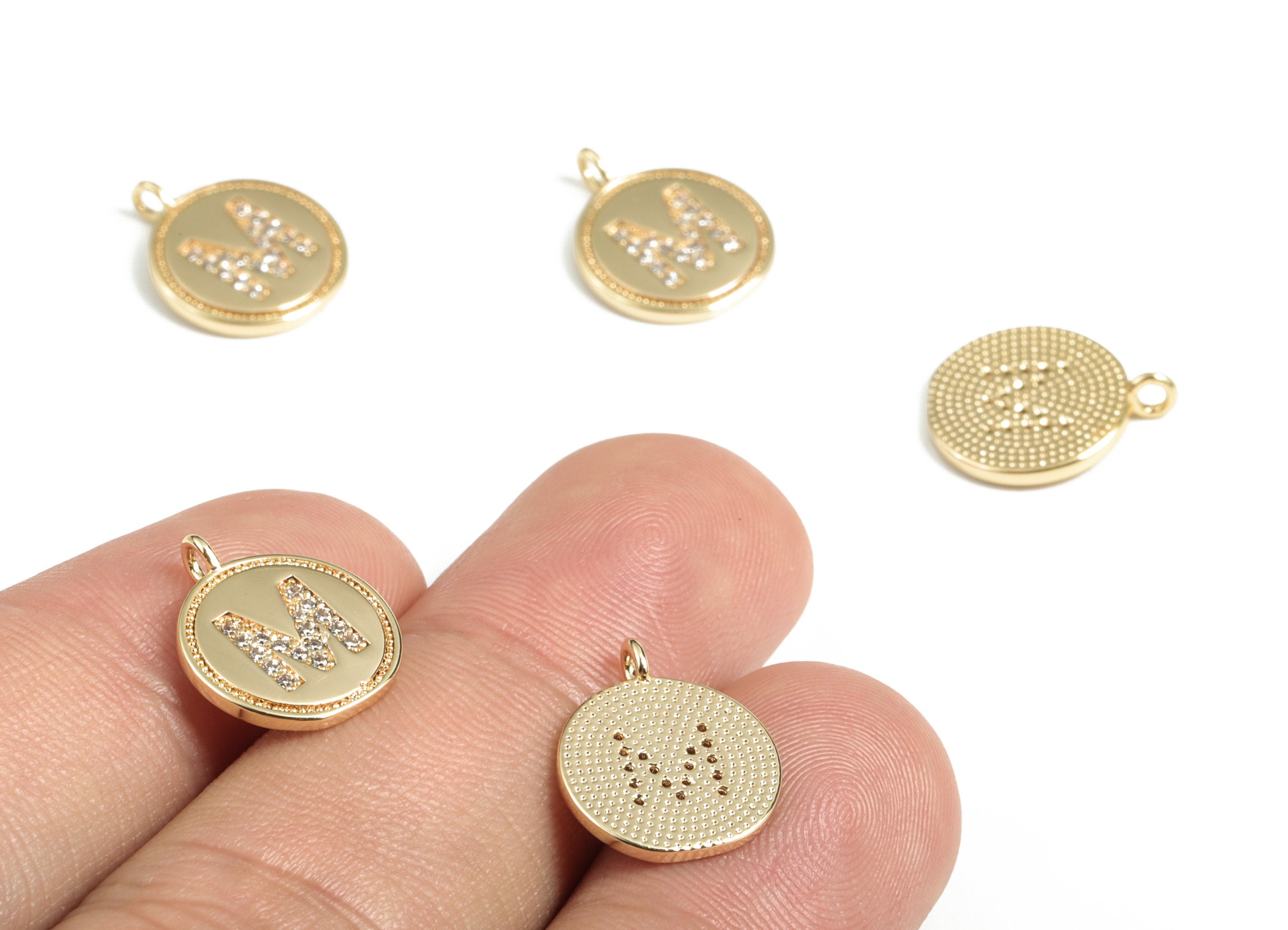 Brass Round Letter M Charm – Initial M Gold Round Pendant – 18k Real Gold Plated Brass Earring Charms – 14.72x11.88x1.39mm - RGP2853M - DOMEDBAZAAR
