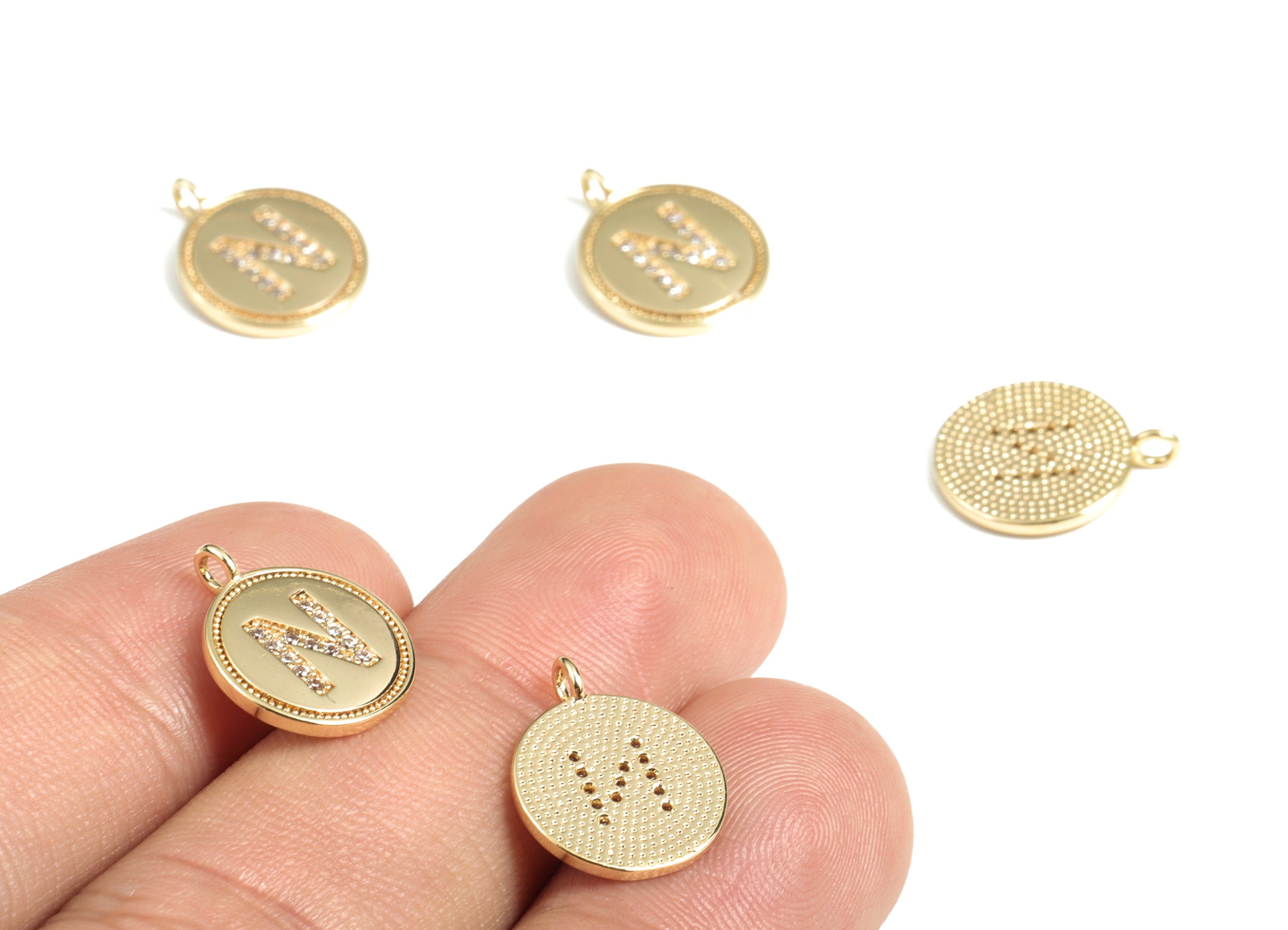 Brass Round Letter N Charm – Initial N Gold Round Pendant – 18k Real Gold Plated Brass Earring Charms – 14.72x11.88x1.39mm - RGP2853N - DOMEDBAZAAR