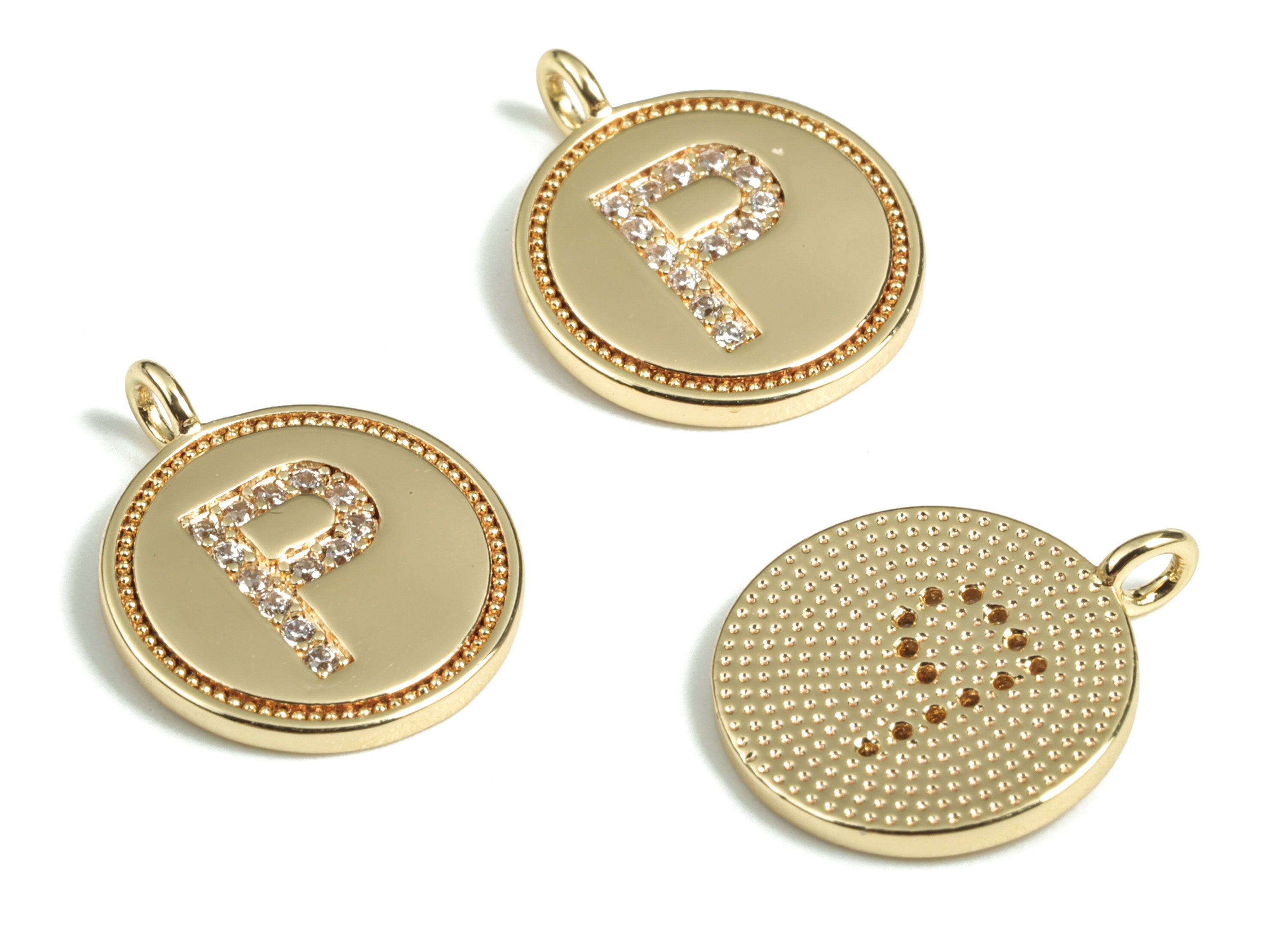 Brass Round Letter P Charm – Initial P Gold Round Pendant – 18k Real Gold Plated Brass Earring Charms – 14.72x11.88x1.39mm - RGP2853P - DOMEDBAZAAR