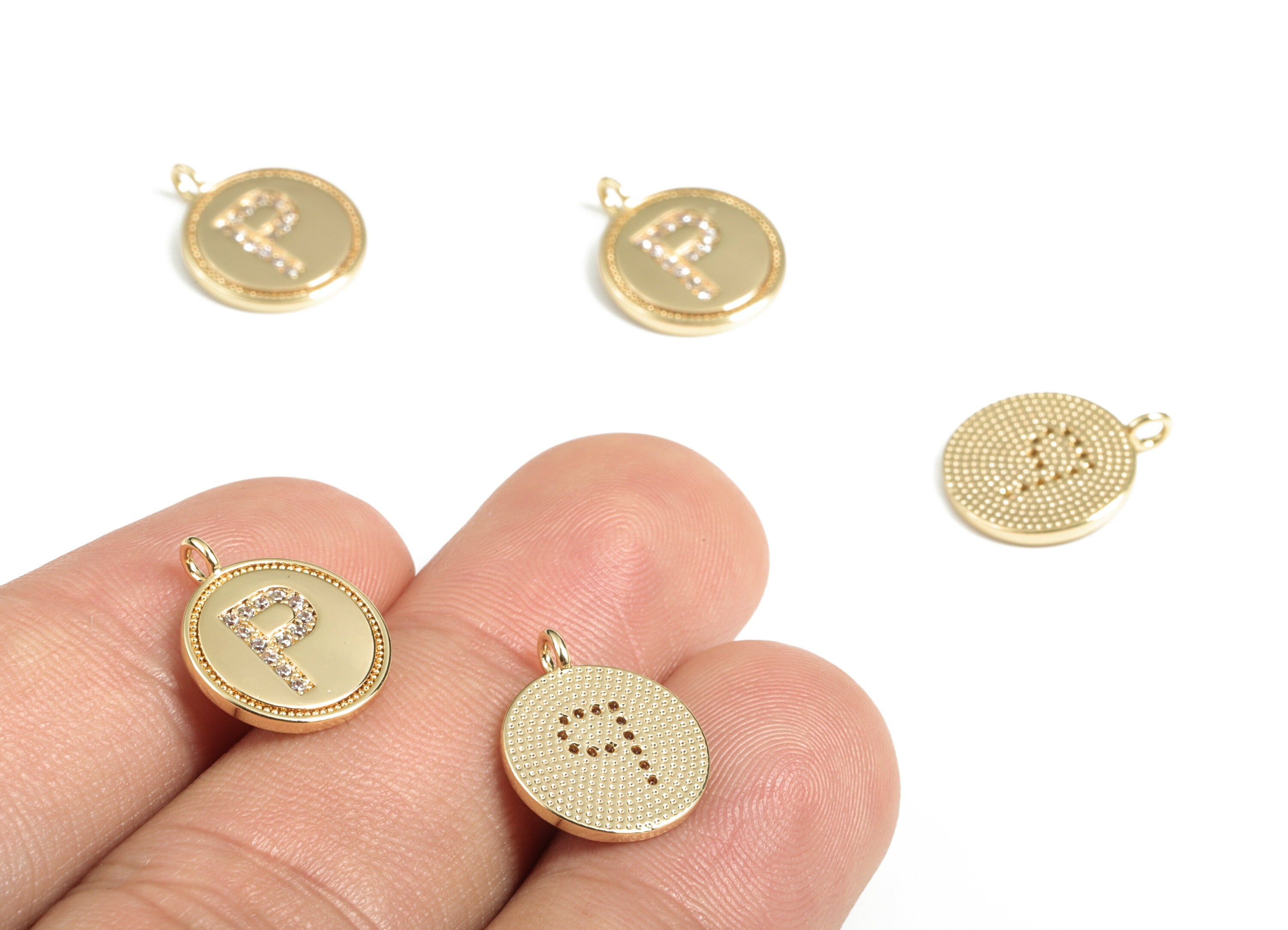 Brass Round Letter P Charm – Initial P Gold Round Pendant – 18k Real Gold Plated Brass Earring Charms – 14.72x11.88x1.39mm - RGP2853P - DOMEDBAZAAR