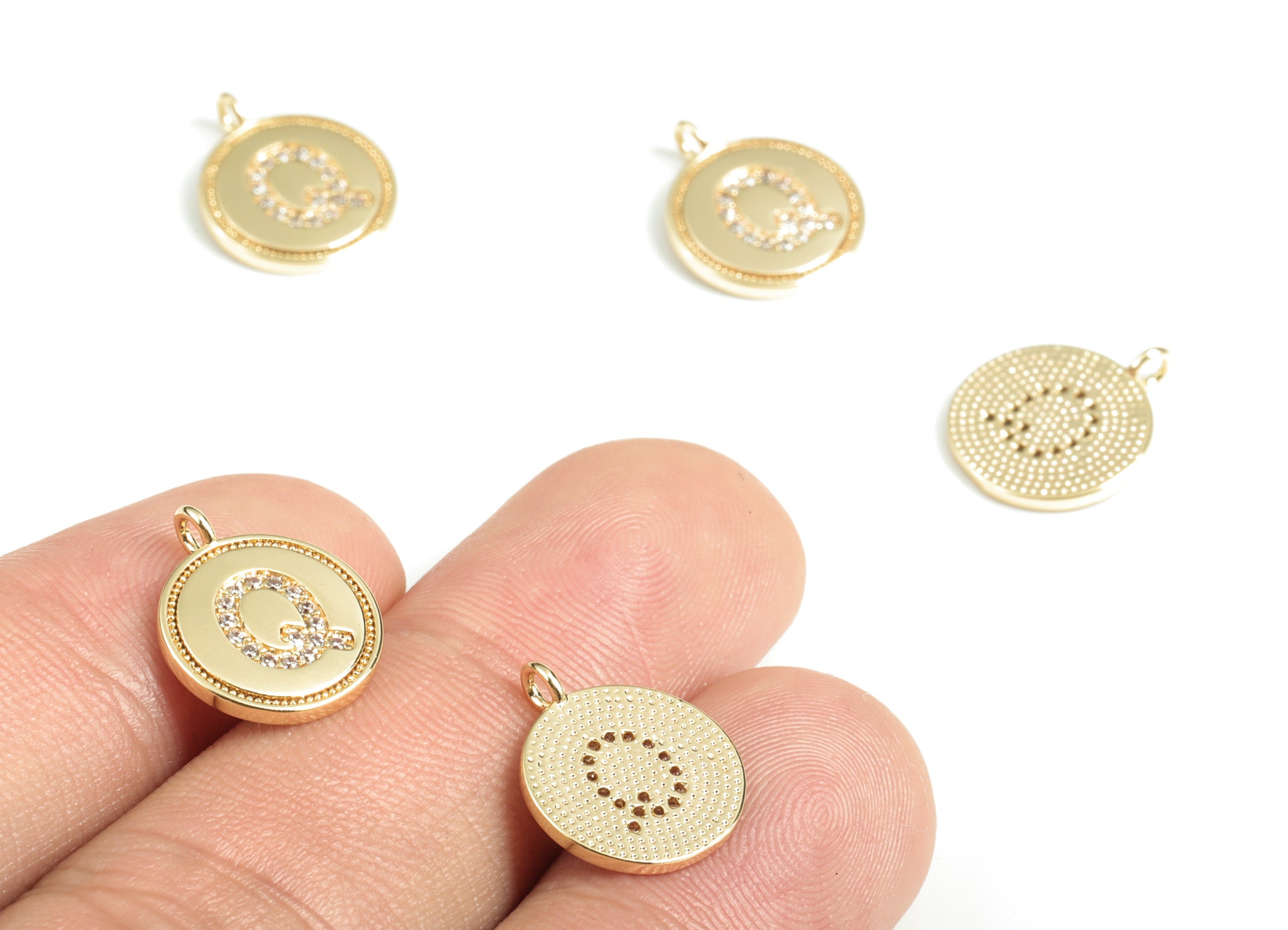 Brass Round Letter Q Charm – Initial Q Gold Round Pendant – 18k Real Gold Plated Brass Earring Charms – 14.72x11.88x1.39mm - RGP2853Q - DOMEDBAZAAR