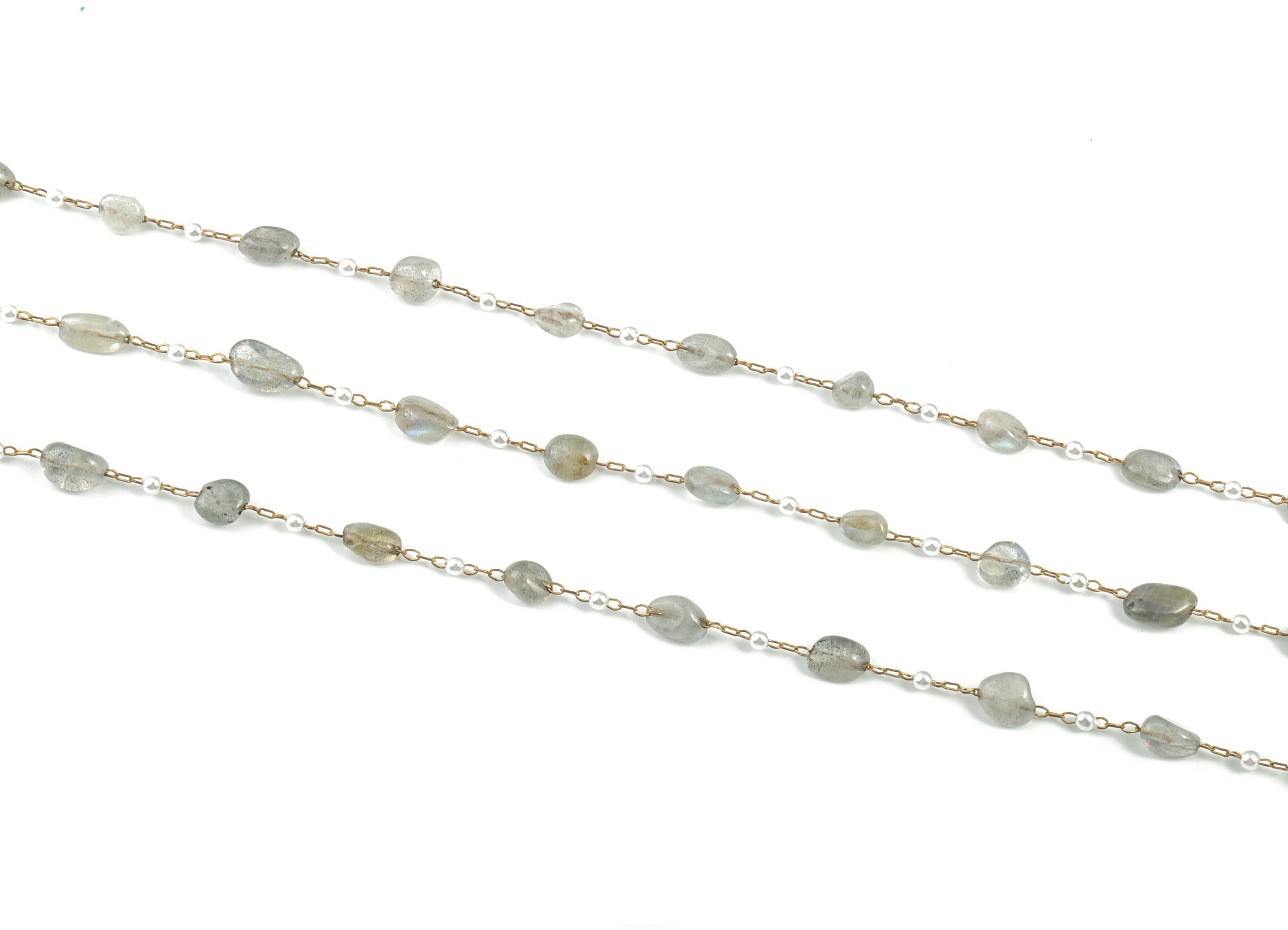 Brass Natural Stone Pearl Beaded Chain – Raw Brass Grey Stones – Satellite Chain for Necklace, Bracelet Chain - 2.3x1.41x0.3mm – CC1175-10 - DOMEDBAZAAR
