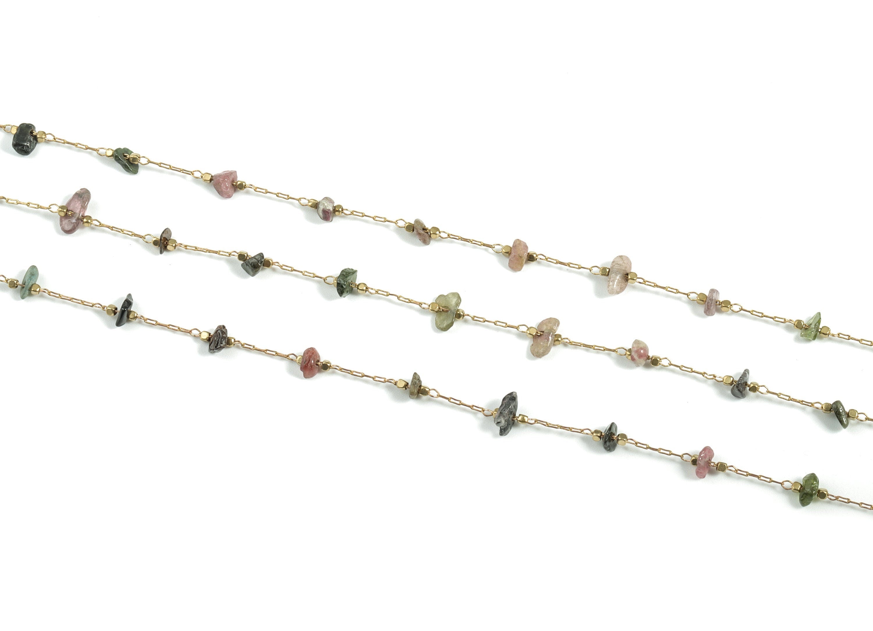 Brass Natural Stone Beaded Chain – Raw Brass Mix Color Stones – Satellite Chain for Necklace, Bracelet - 2.31x0.75x0.22mm – CC1175-7 - DOMEDBAZAAR