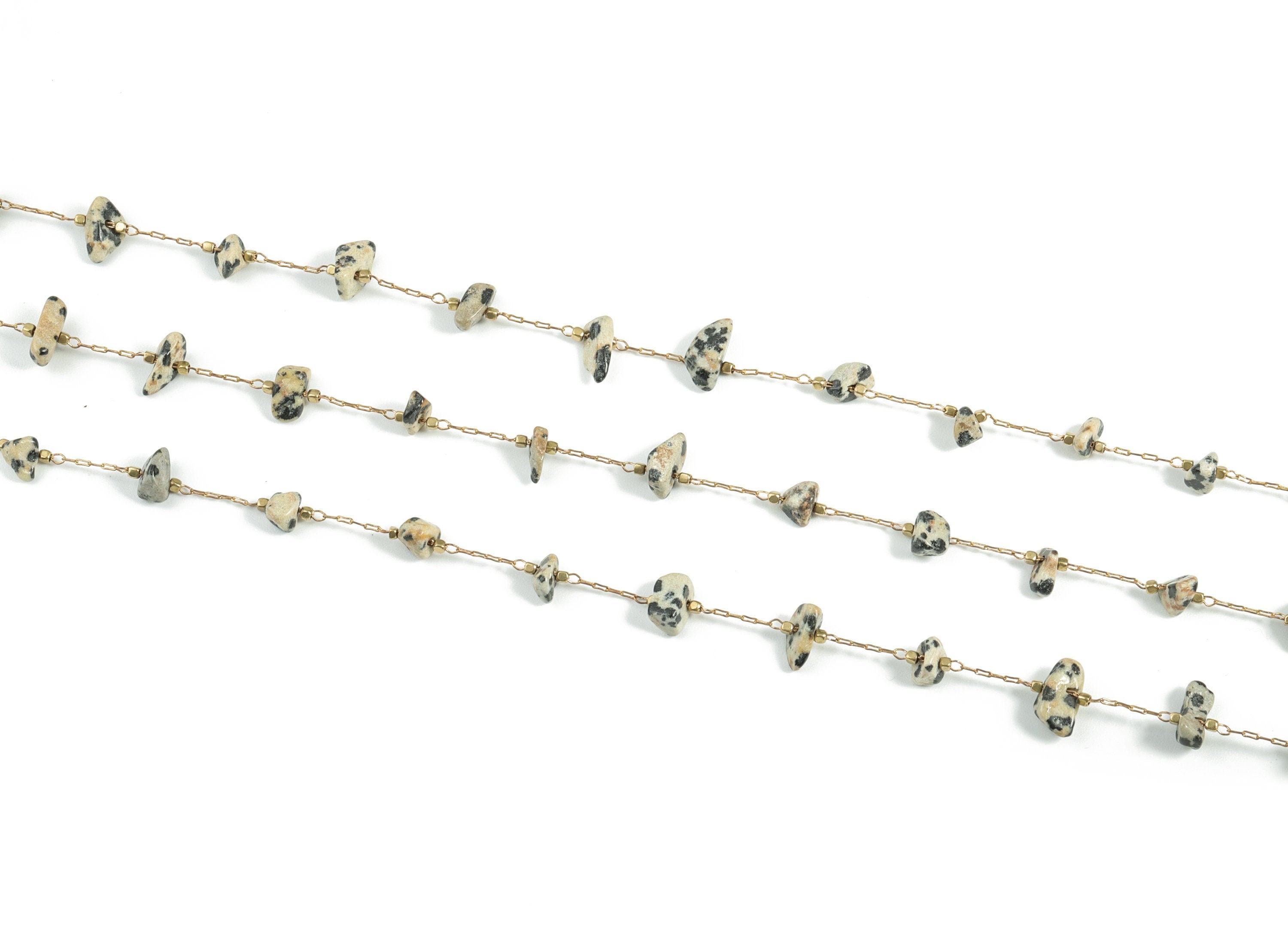 Brass Natural Stone Beaded Chain – Raw Brass Black Spotted Stones – Satellite Chain for Necklace, Bracelet - 2.02x1.02x0.18mm – CC1175-6 - DOMEDBAZAAR