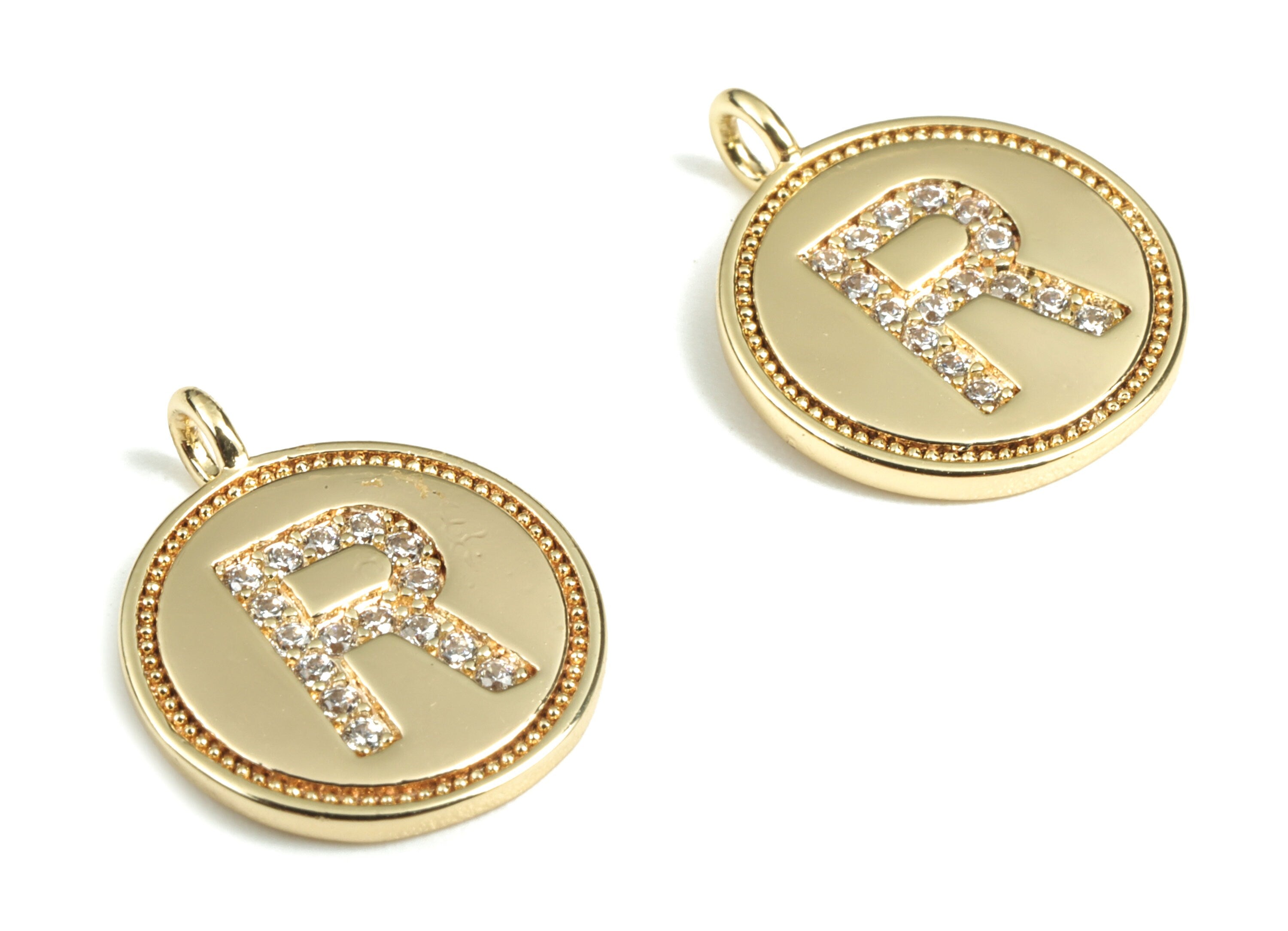 Brass Round Letter R Charm – Initial R Gold Round Pendant – 18k Real Gold Plated Brass Earring Charms – 14.72x11.88x1.39mm - RGP2853R - DOMEDBAZAAR