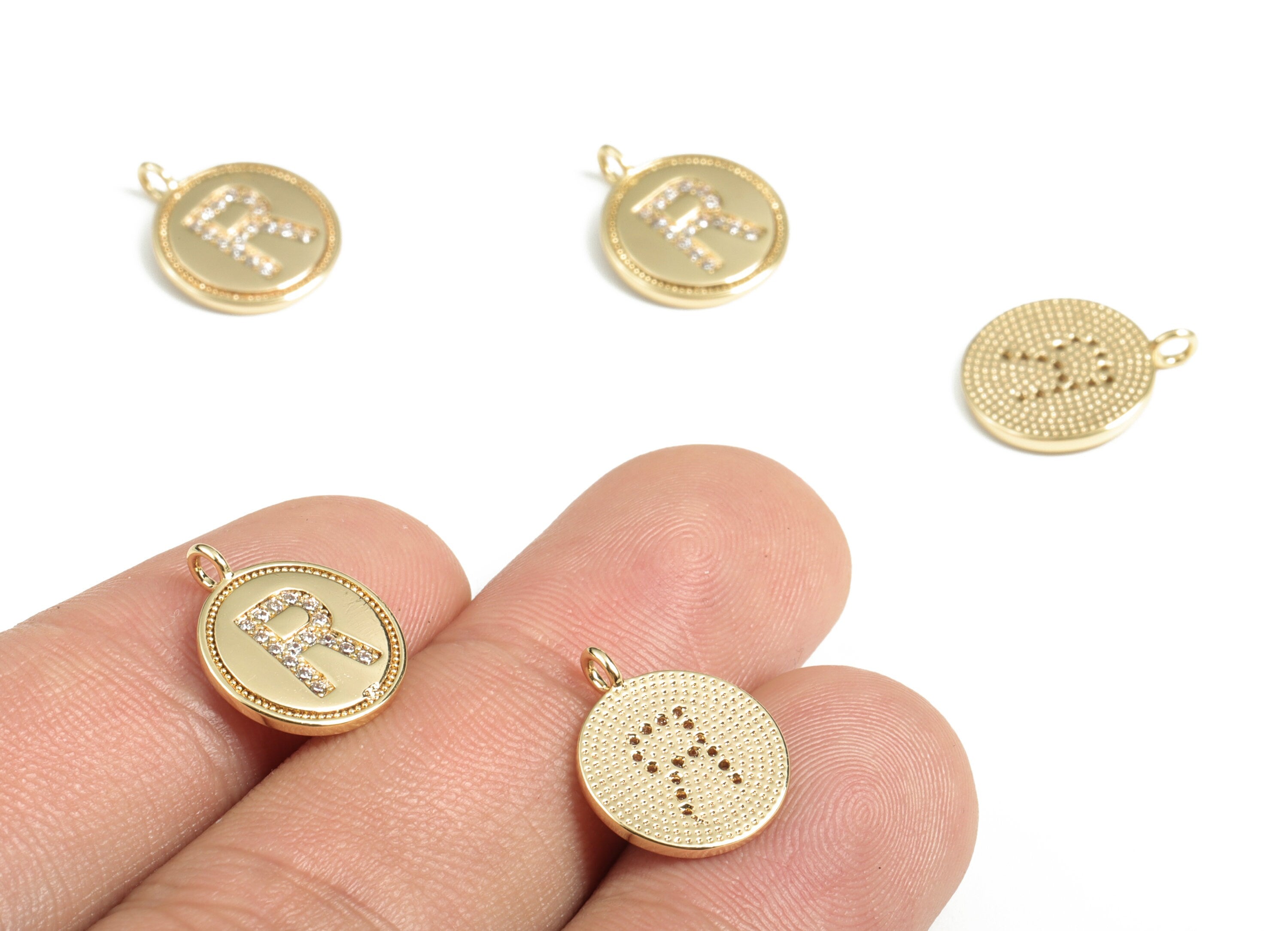 Brass Round Letter R Charm – Initial R Gold Round Pendant – 18k Real Gold Plated Brass Earring Charms – 14.72x11.88x1.39mm - RGP2853R - DOMEDBAZAAR