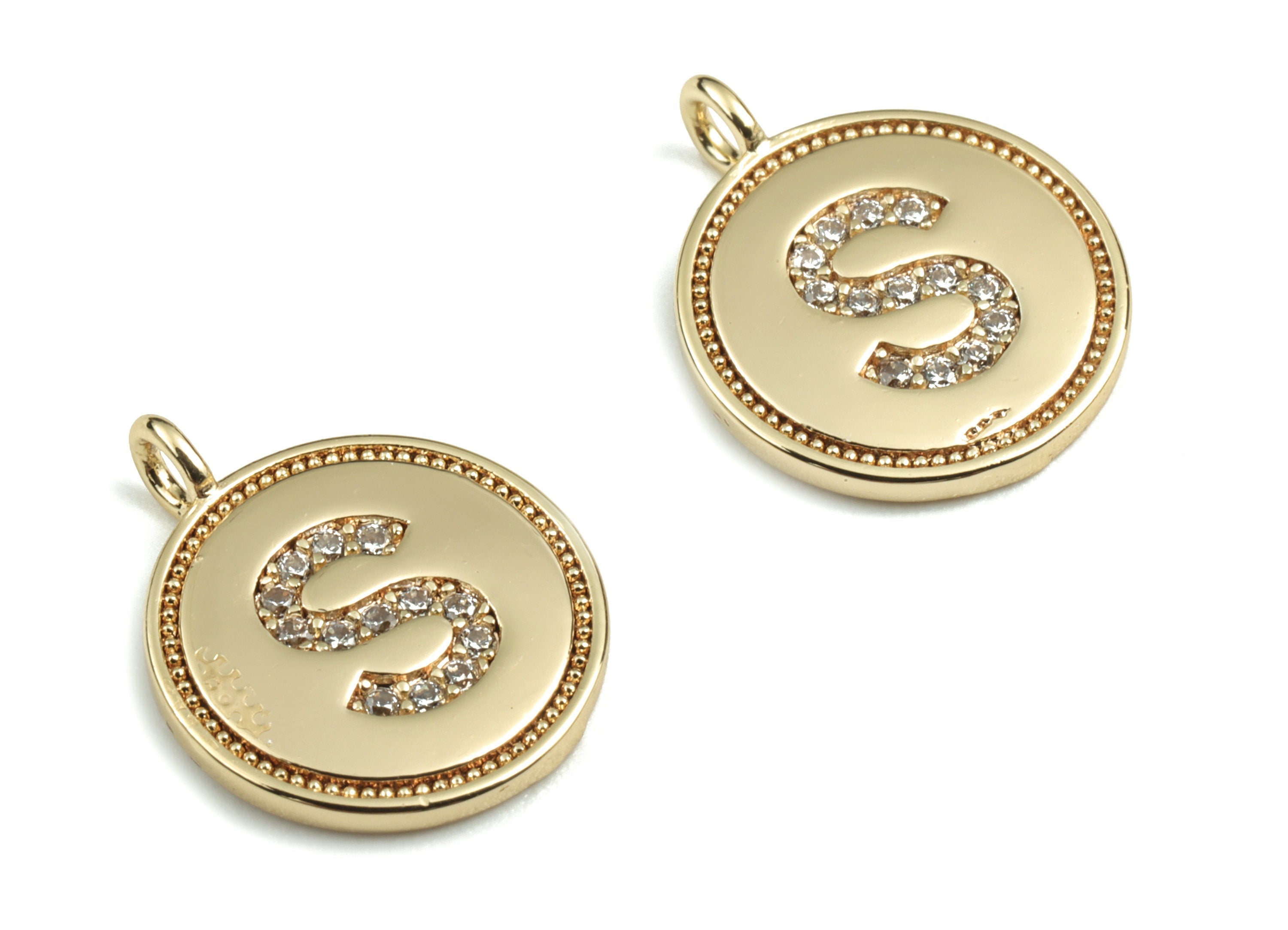 Brass Round Letter S Charm – Initial S Gold Round Pendant – 18k Real Gold Plated Brass Earring Charms – 14.72x11.88x1.39mm - RGP2853S - DOMEDBAZAAR