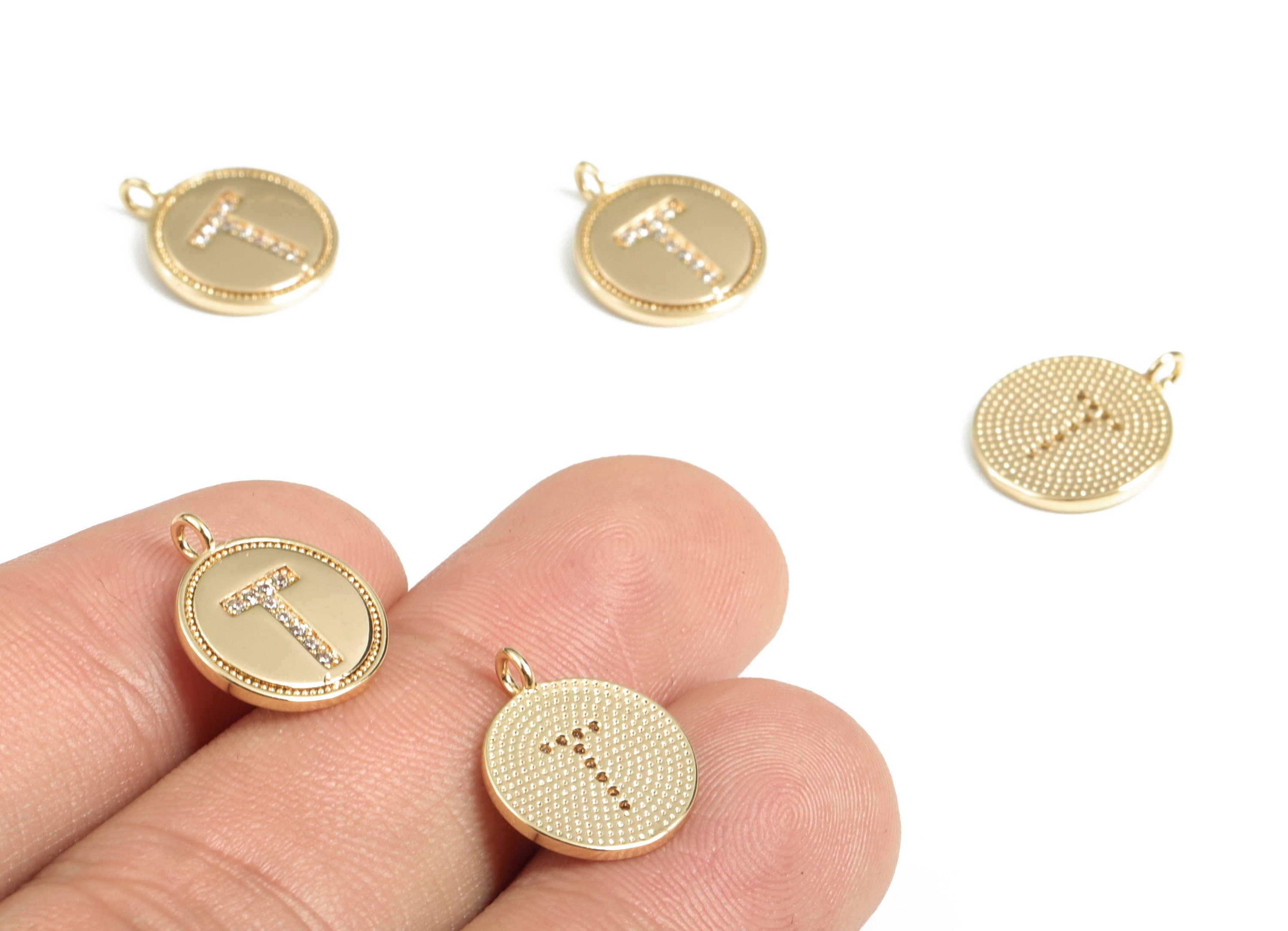 Brass Round Letter T Charm – Initial T Gold Round Pendant – 18k Real Gold Plated Brass Earring Charms – 14.72x11.88x1.39mm - RGP2853T - DOMEDBAZAAR