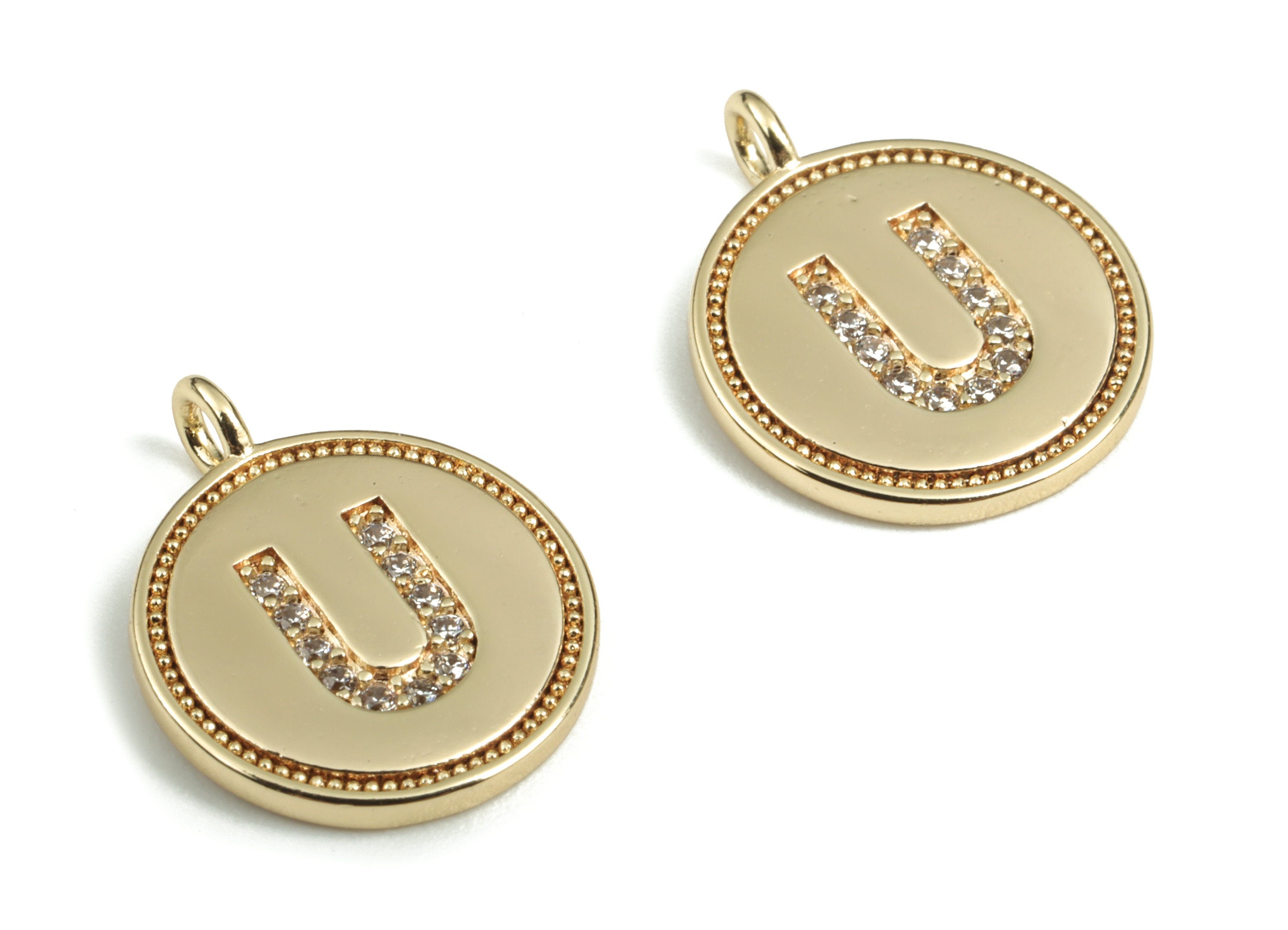Brass Round Letter U Charm – Initial U Gold Round Pendant – 18k Real Gold Plated Brass Earring Charms – 14.72x11.88x1.39mm - RGP2853U - DOMEDBAZAAR