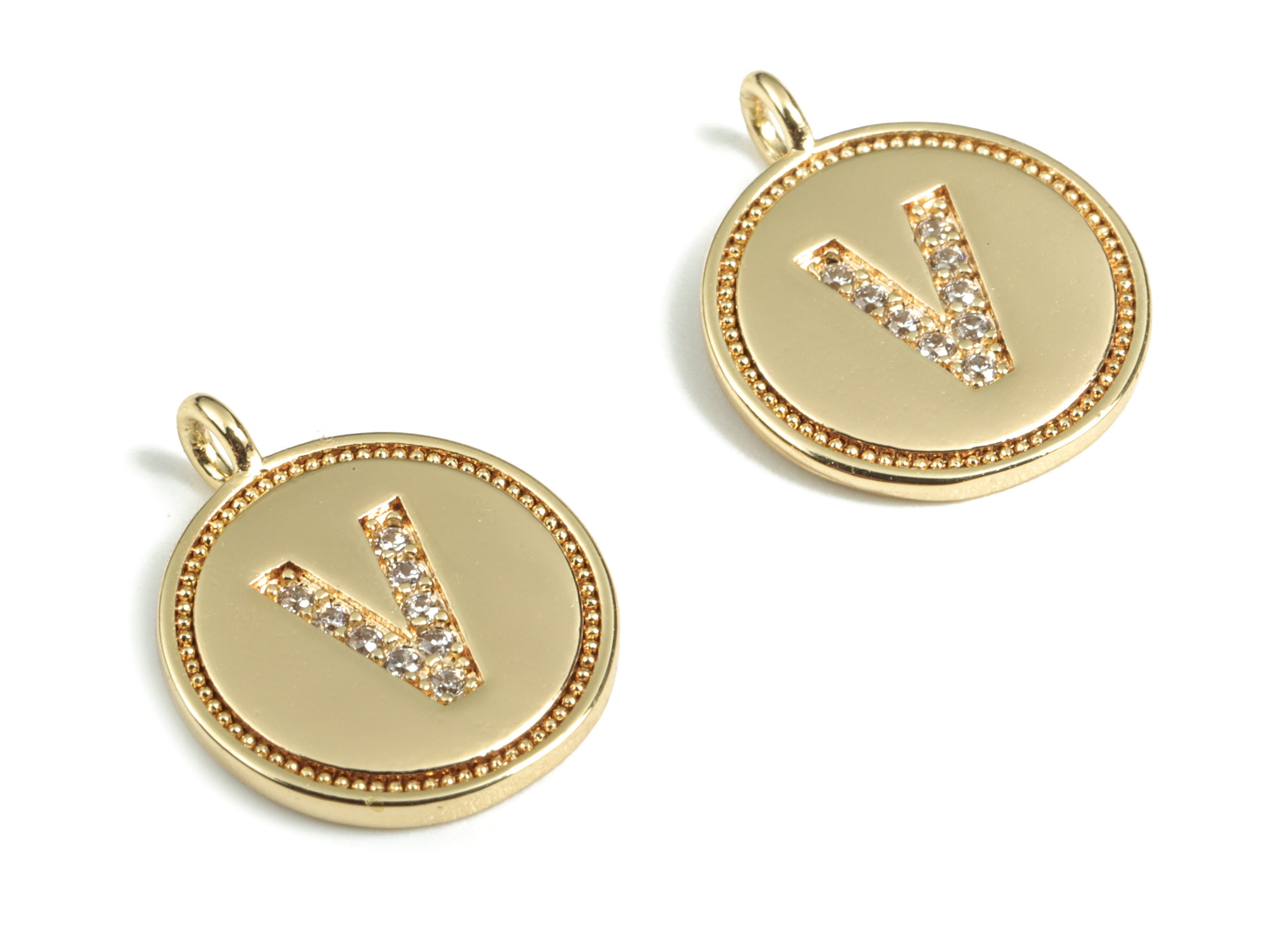 Brass Round Letter V Charm – Initial V Gold Round Pendant – 18k Real Gold Plated Brass Earring Charms – 14.72x11.88x1.39mm - RGP2853V - DOMEDBAZAAR