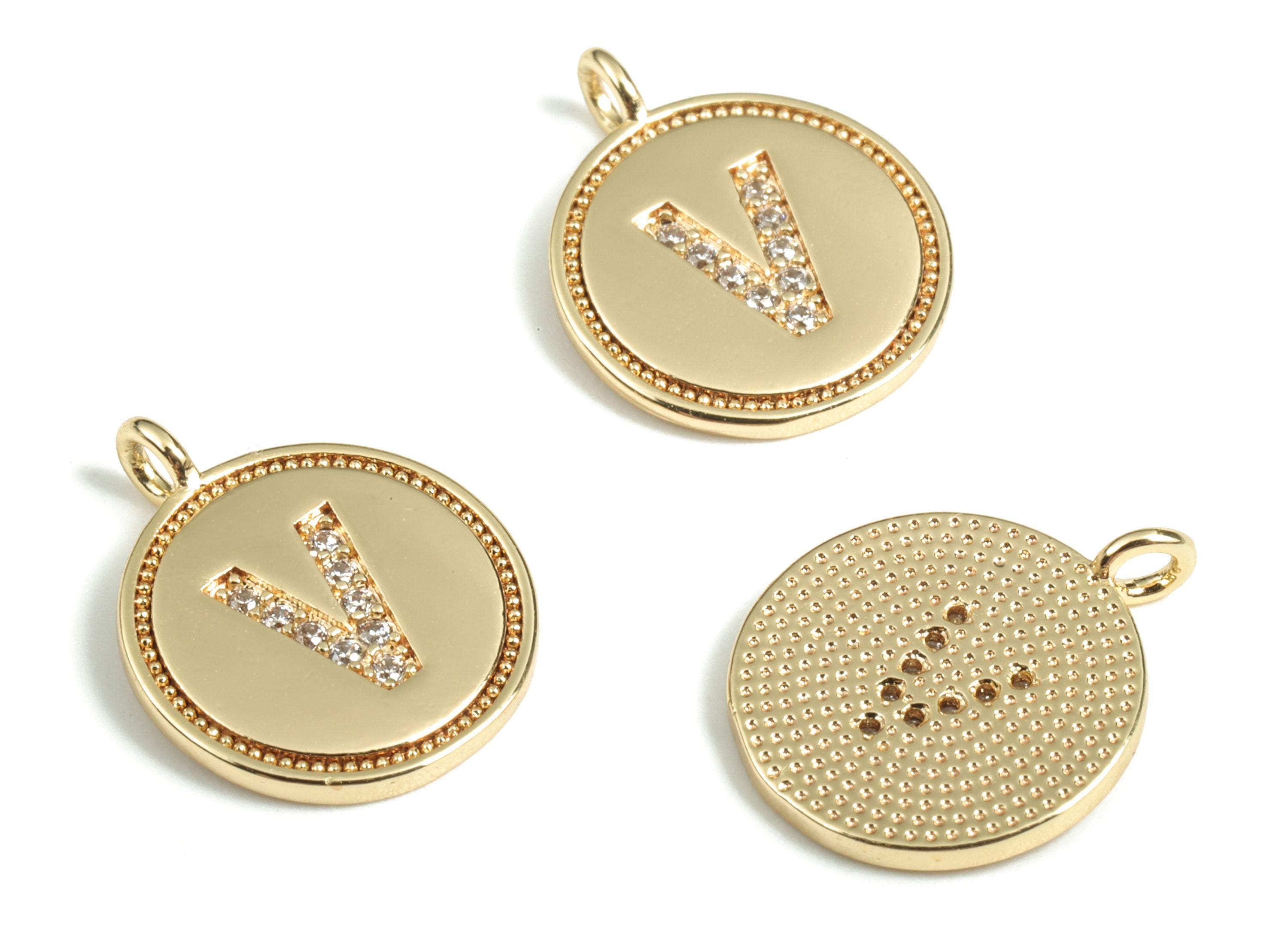 Brass Round Letter V Charm – Initial V Gold Round Pendant – 18k Real Gold Plated Brass Earring Charms – 14.72x11.88x1.39mm - RGP2853V - DOMEDBAZAAR
