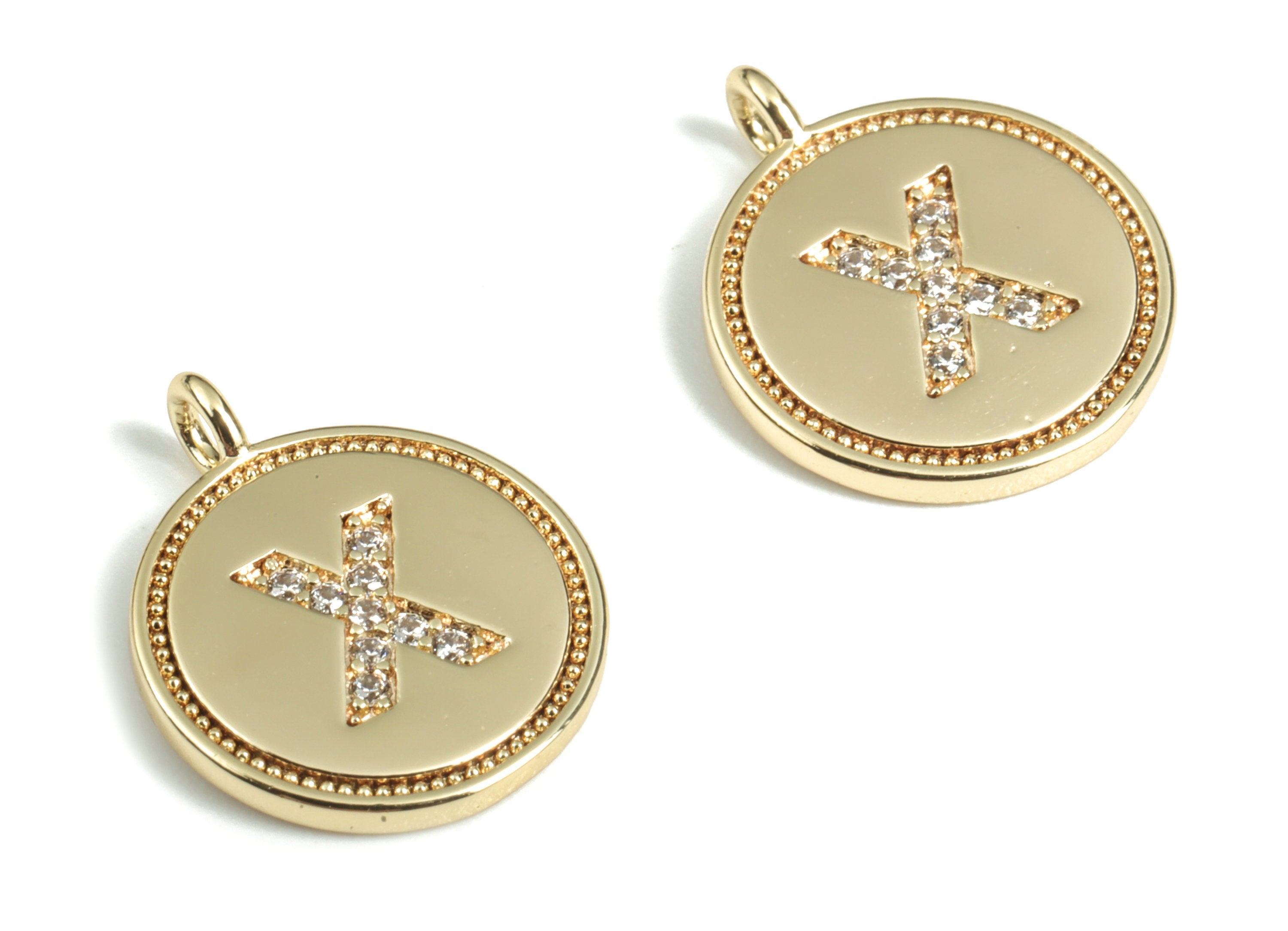 Brass Round Letter X Charm – Initial X Gold Round Pendant – 18k Real Gold Plated Brass Earring Charms – 14.72x11.88x1.39mm - RGP2853X - DOMEDBAZAAR