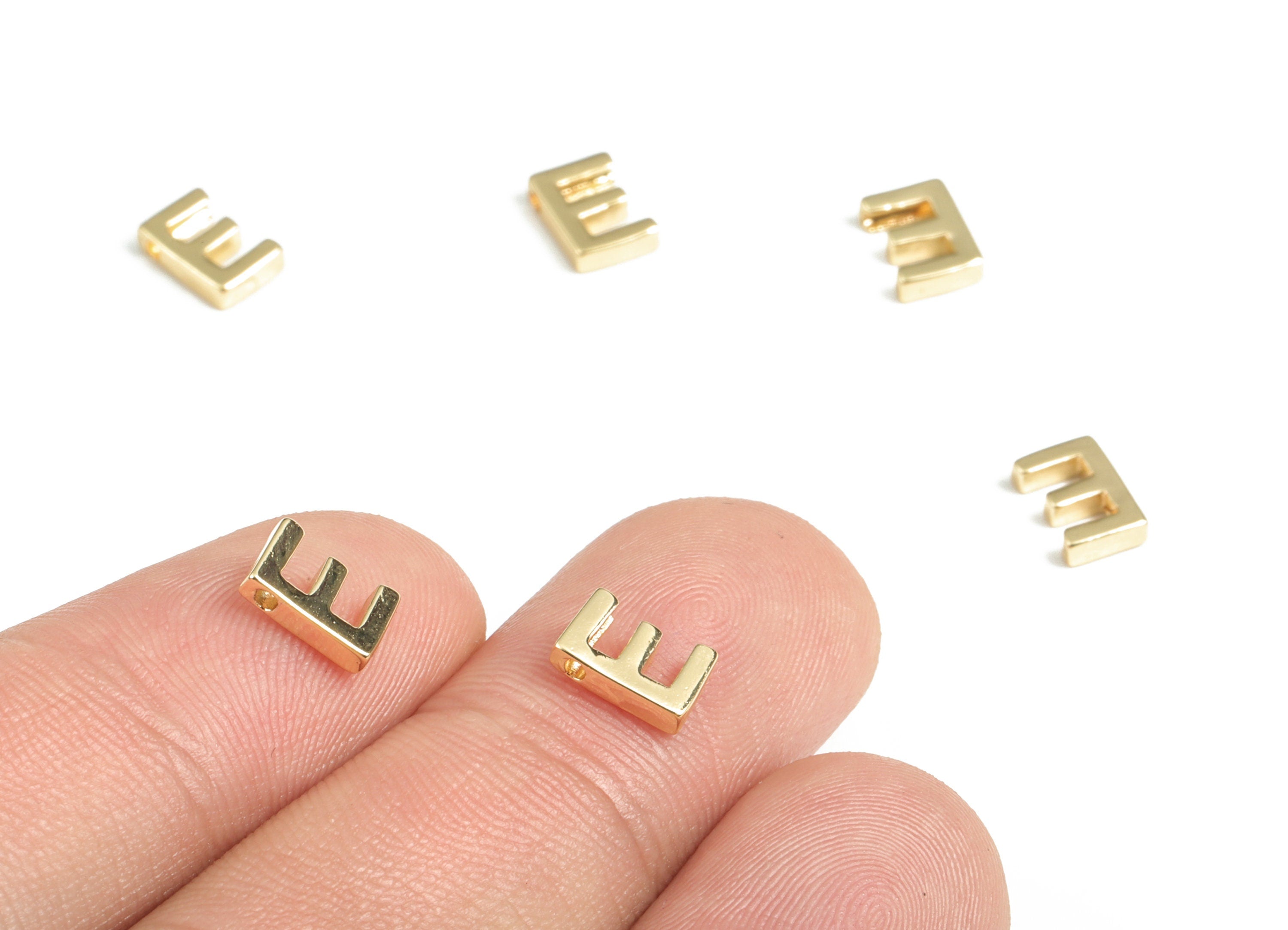 Brass Capital Letter E Charm – Necklace Initial Beads – Add On Initial Charm –18k Real Gold Plated Alphabet Bead – 7.52x5.05x1.89mm–RGP2854E - DOMEDBAZAAR