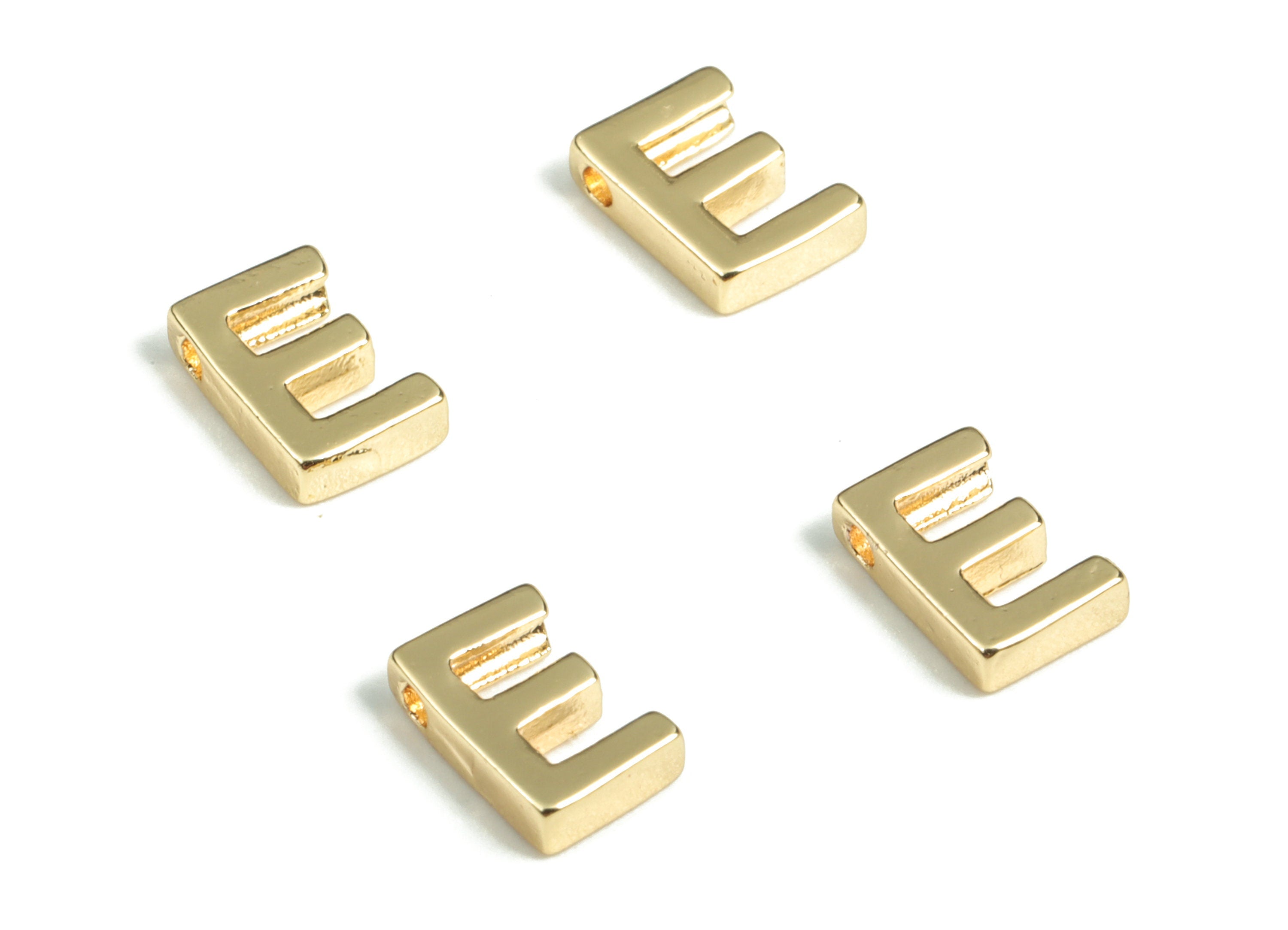 Brass Capital Letter E Charm – Necklace Initial Beads – Add On Initial Charm –18k Real Gold Plated Alphabet Bead – 7.52x5.05x1.89mm–RGP2854E - DOMEDBAZAAR