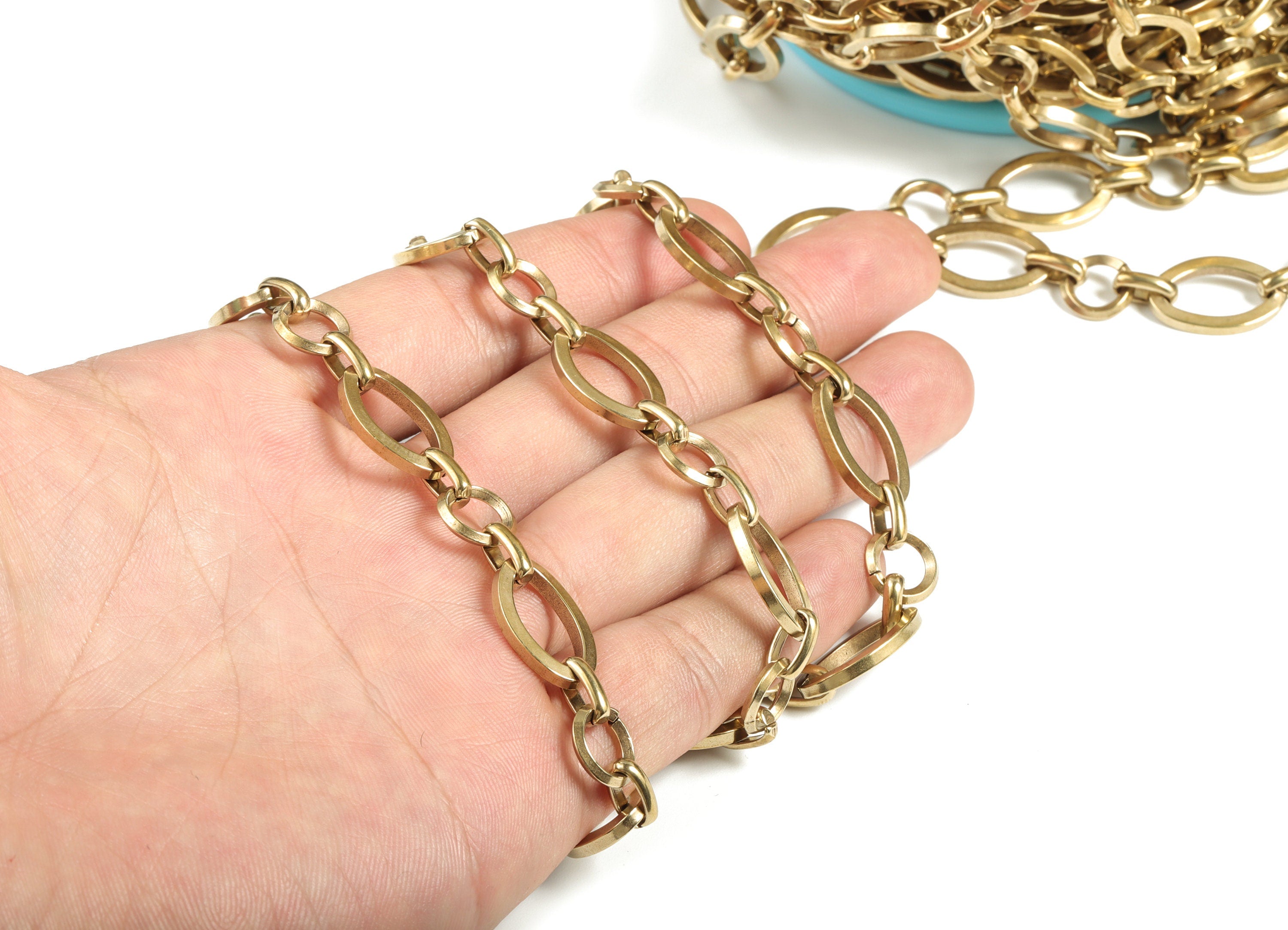 Oval Paper Clip Layering Chain - Raw Brass Flat Oval Cable Chain - Openlink Oval Rolo Chain - For Necklace Bracelet 0.72&quot;x0.46&quot;x0.08&quot; CC1186 - DOMEDBAZAAR