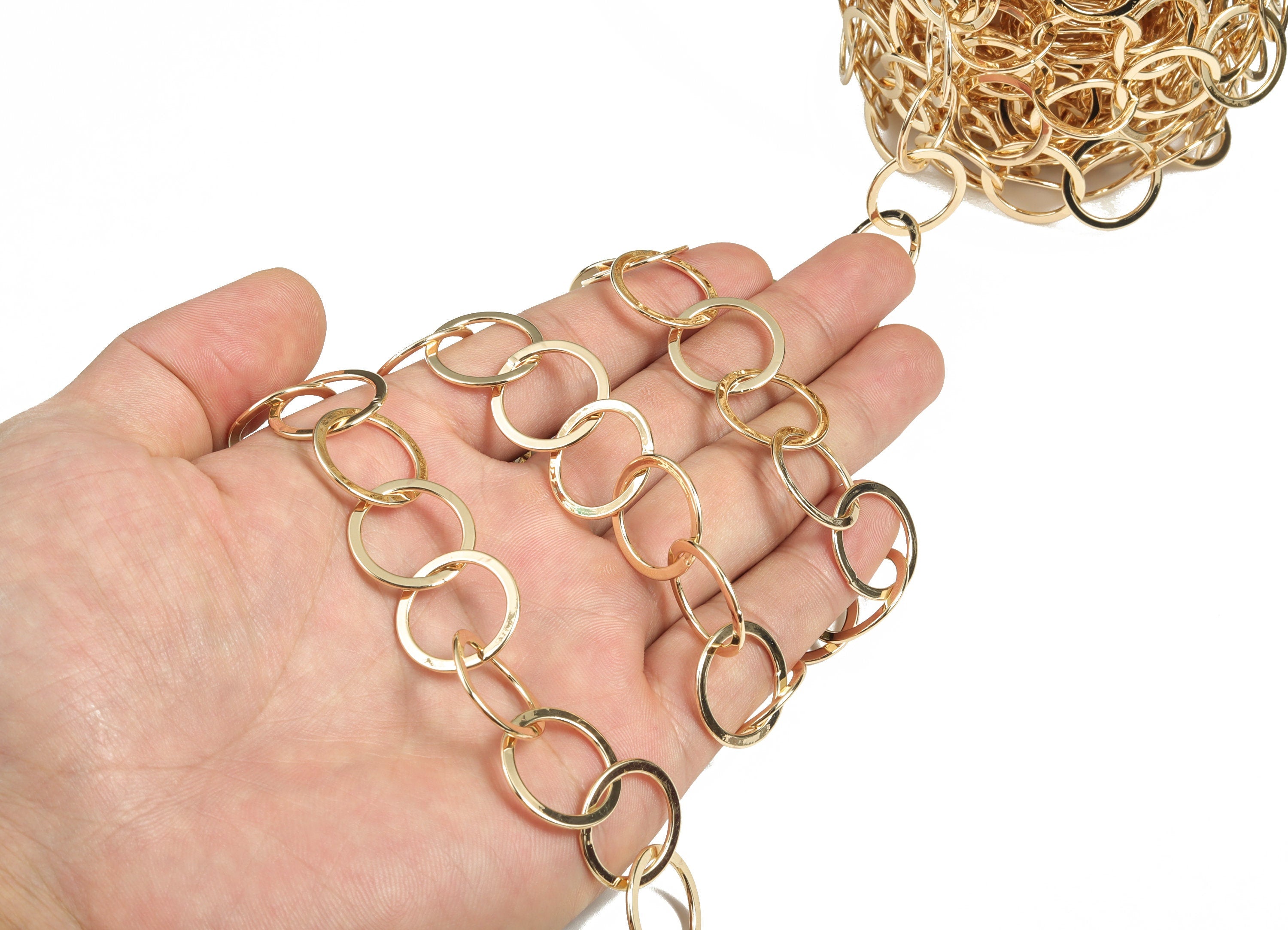 Gold Flat Round Link Chain - 18K Real Gold Brass Round Soldered Huge Link Chain - Soldered Round Chain - 0.75&quot;x0.75&quot;x0.04&quot; RGP2955 - DOMEDBAZAAR