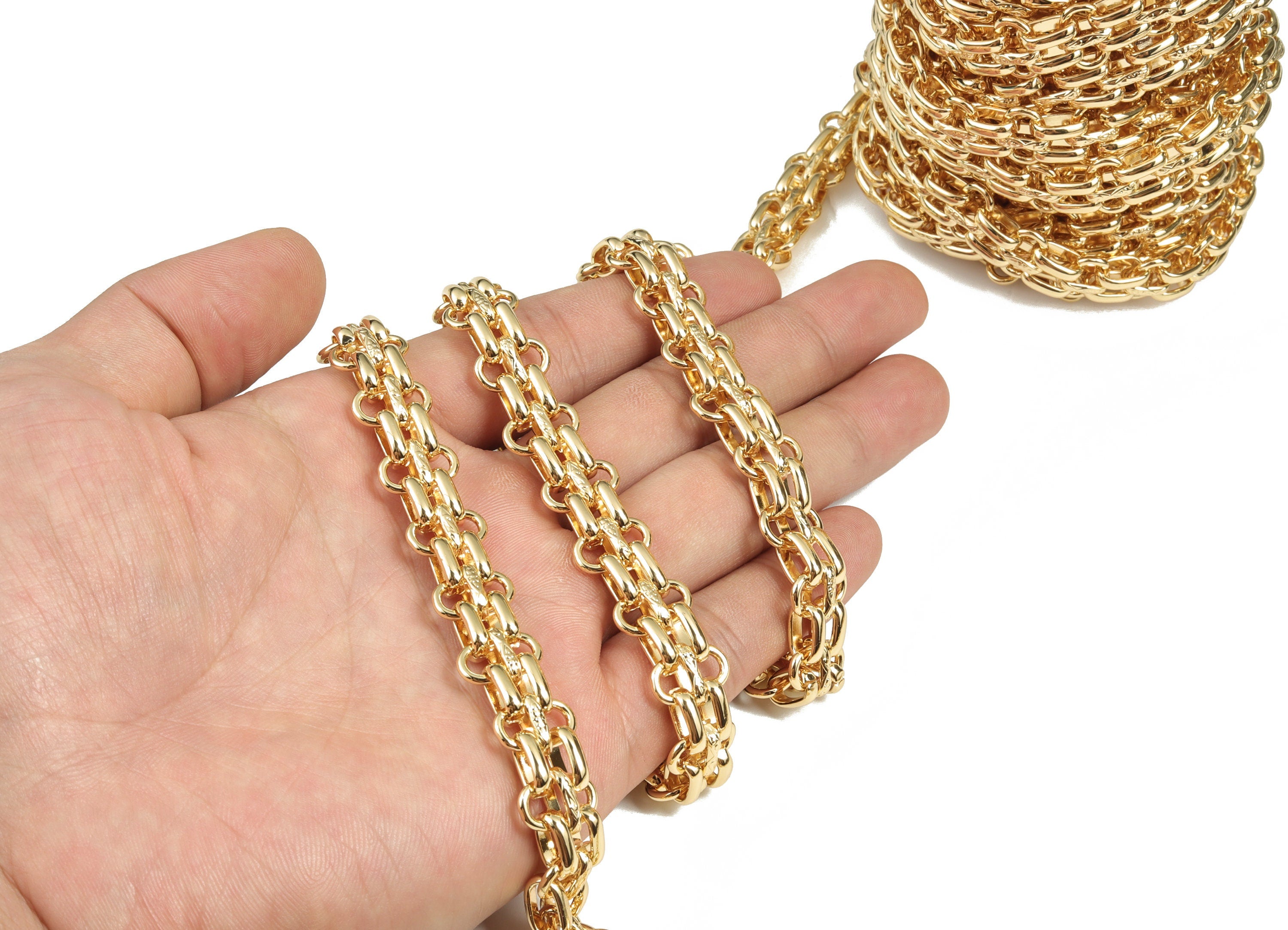 Gold Oval Large Chunky Chain - 18K Real Gold Brass Textured Rolo Cable Chain - Thick Flat Oval Chain - 0.49&quot;x0.37&quot;x0.22&quot; RGP2956 - DOMEDBAZAAR