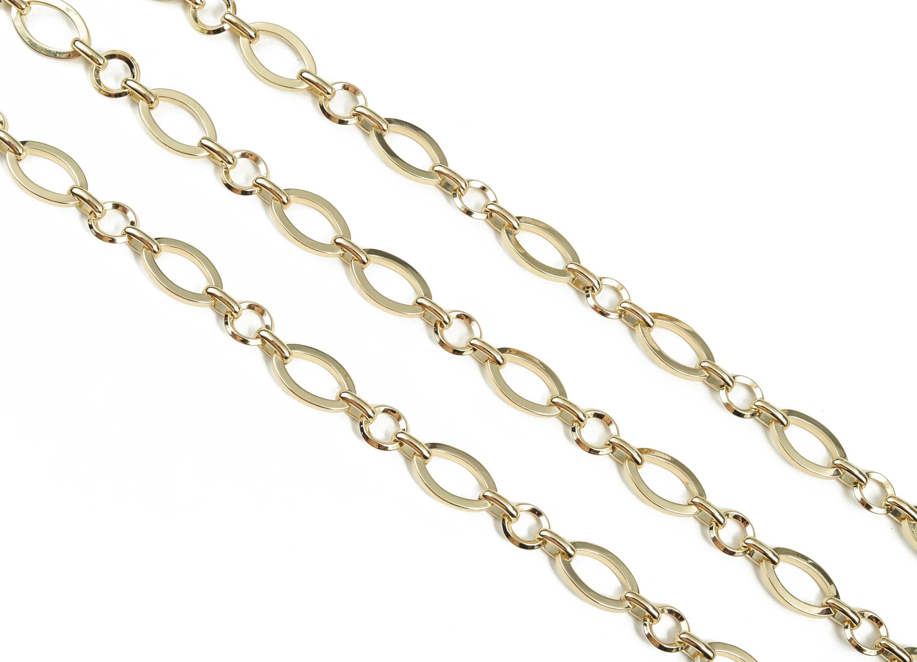 Gold Flat Round Link Cable Chain - 14K Real Gold Brass Oval Paper Clip Layering Chain - Flat Large Round Chain - 0.73&quot;x0.46&quot;x0.09&quot; RGP2978 - DOMEDBAZAAR