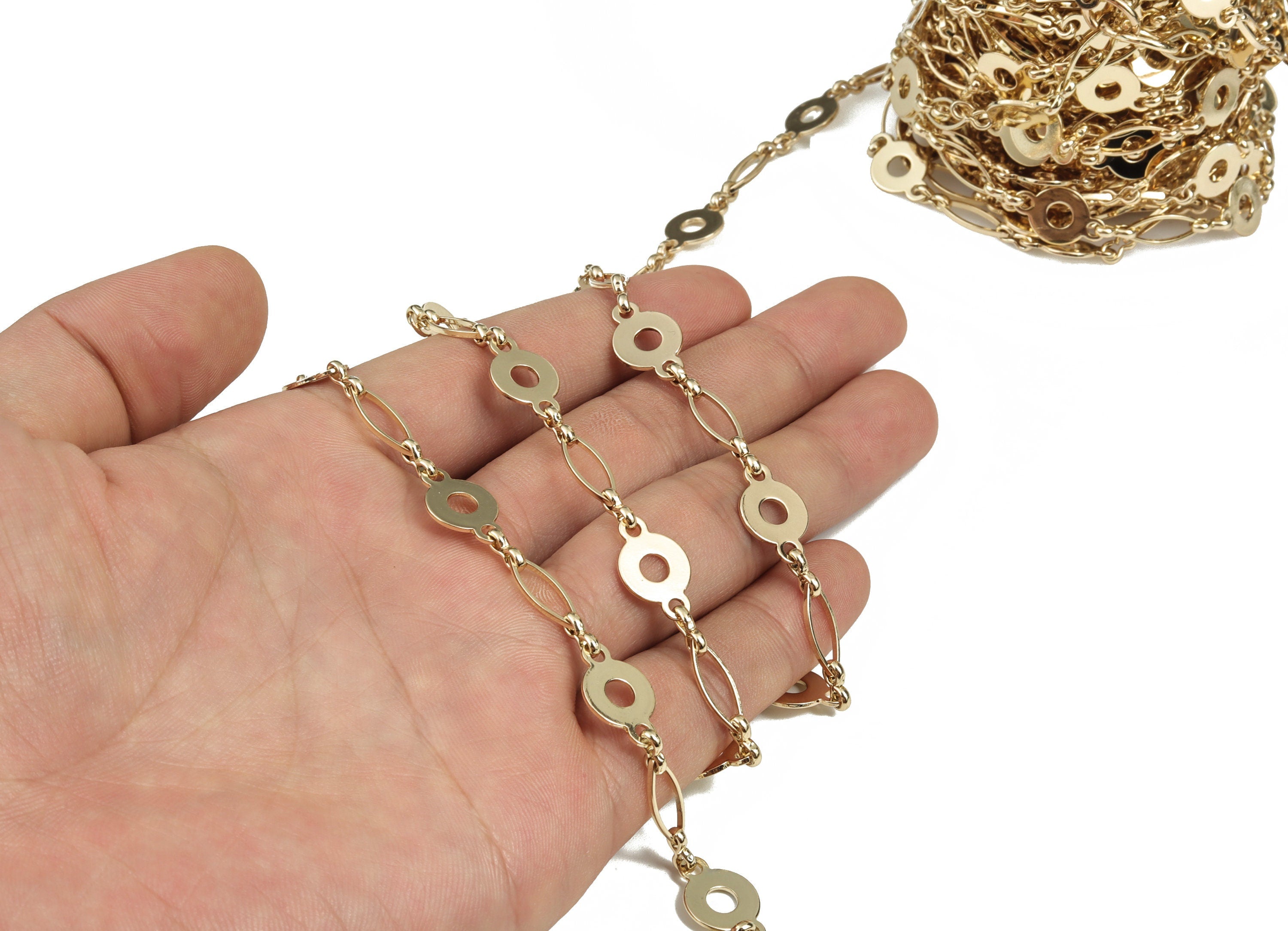 Gold Flat Round Cable Chain  - 14K Real Gold Brass Marquise Open Link Cable Chain - Round Cable Chain - 0.63&quot;x0.40&quot;x0.02&quot; RGP2980 - DOMEDBAZAAR