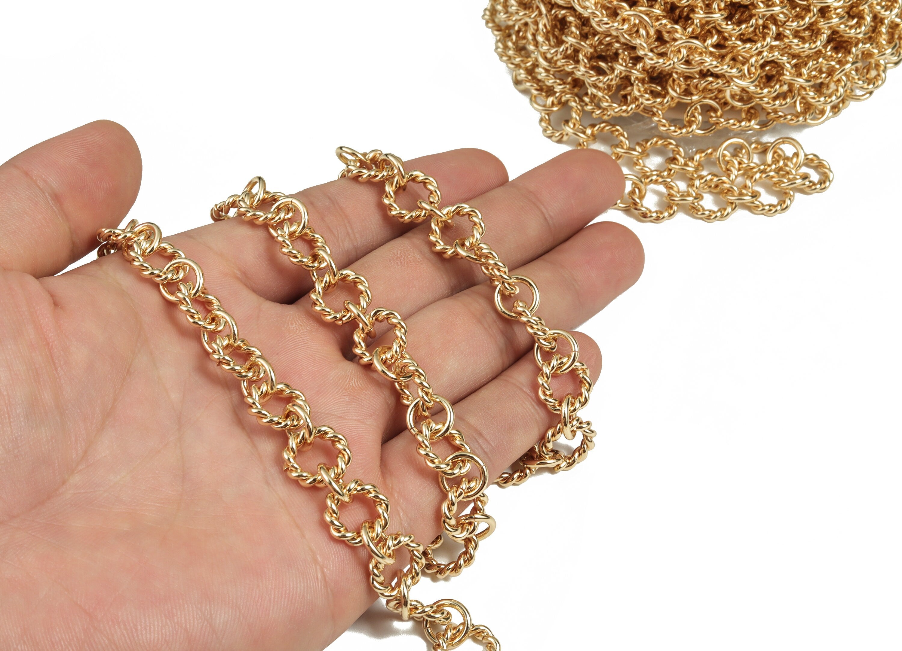 Gold Textured Round Cable Chain - 18K Real Gold Brass Round Link Chain - Round Cable Chain - For Necklace Bracelet-0.48&quot;x0.48&quot;x0.09&quot; RGP2987 - DOMEDBAZAAR