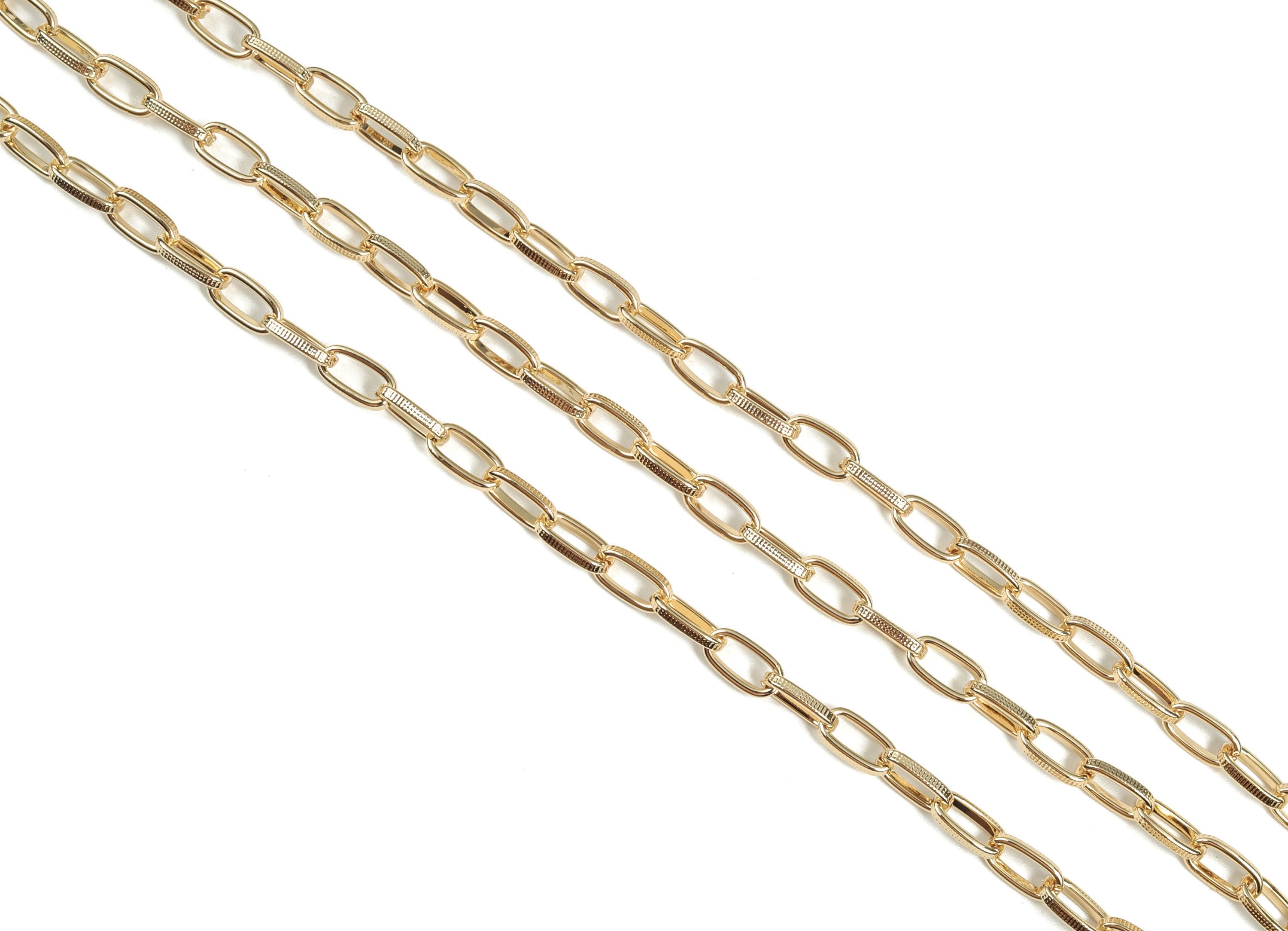 Gold Oval Rectangle Paper Clip Layering Chain - 18K Real Gold IronTextured Oval Cable Chain - Oval Rolo Chain - 0.42&quot;x0.22&quot;x0.06&quot; RGP2988 - DOMEDBAZAAR