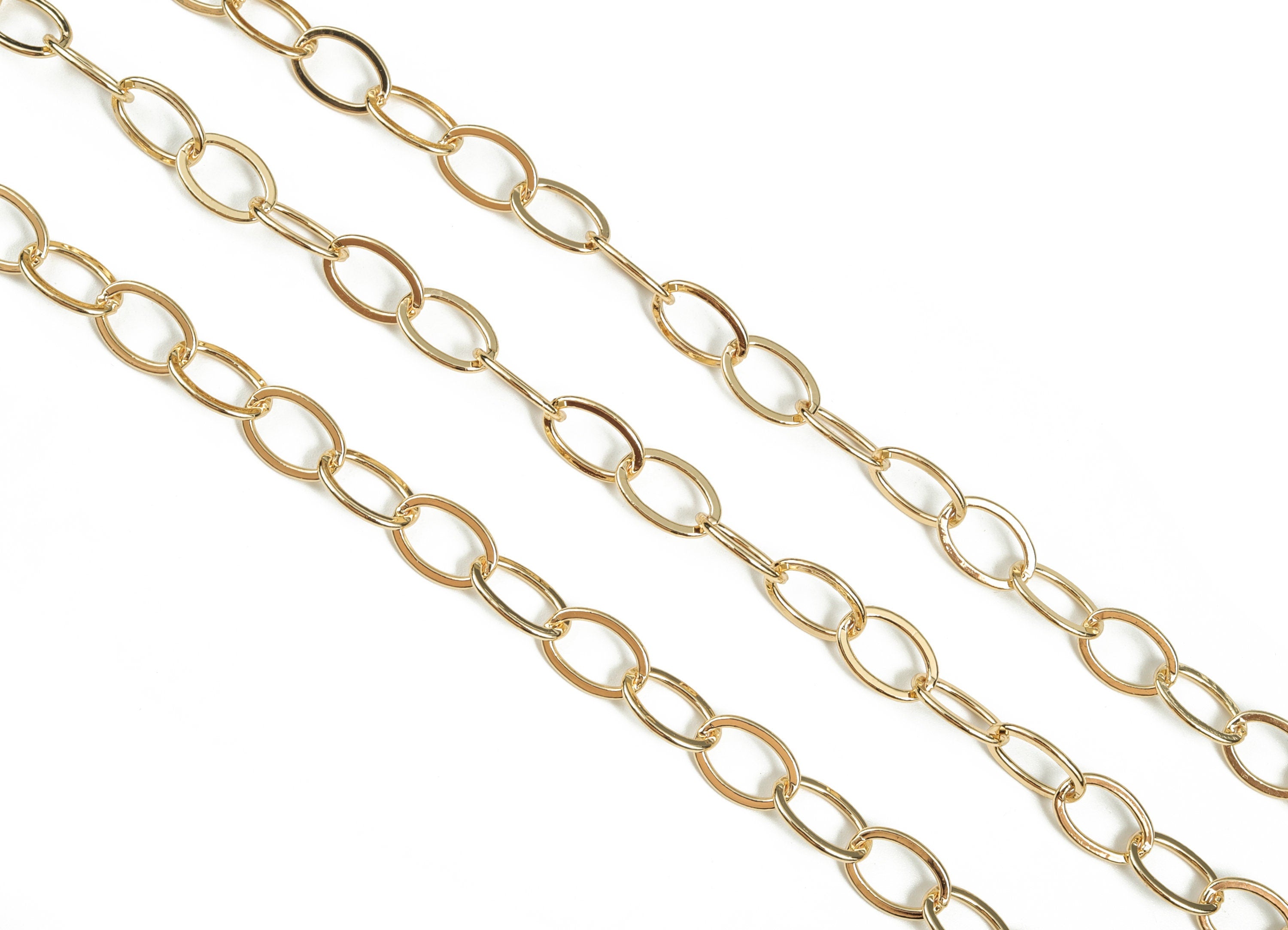 Gold Flat Oval Cable Chain - 18K Real Gold Brass Oval Paper Clip Layering Chain - Oval Cable Chain - 0.49&quot;x0.33&quot;x0.03&quot; RGP2989 - DOMEDBAZAAR