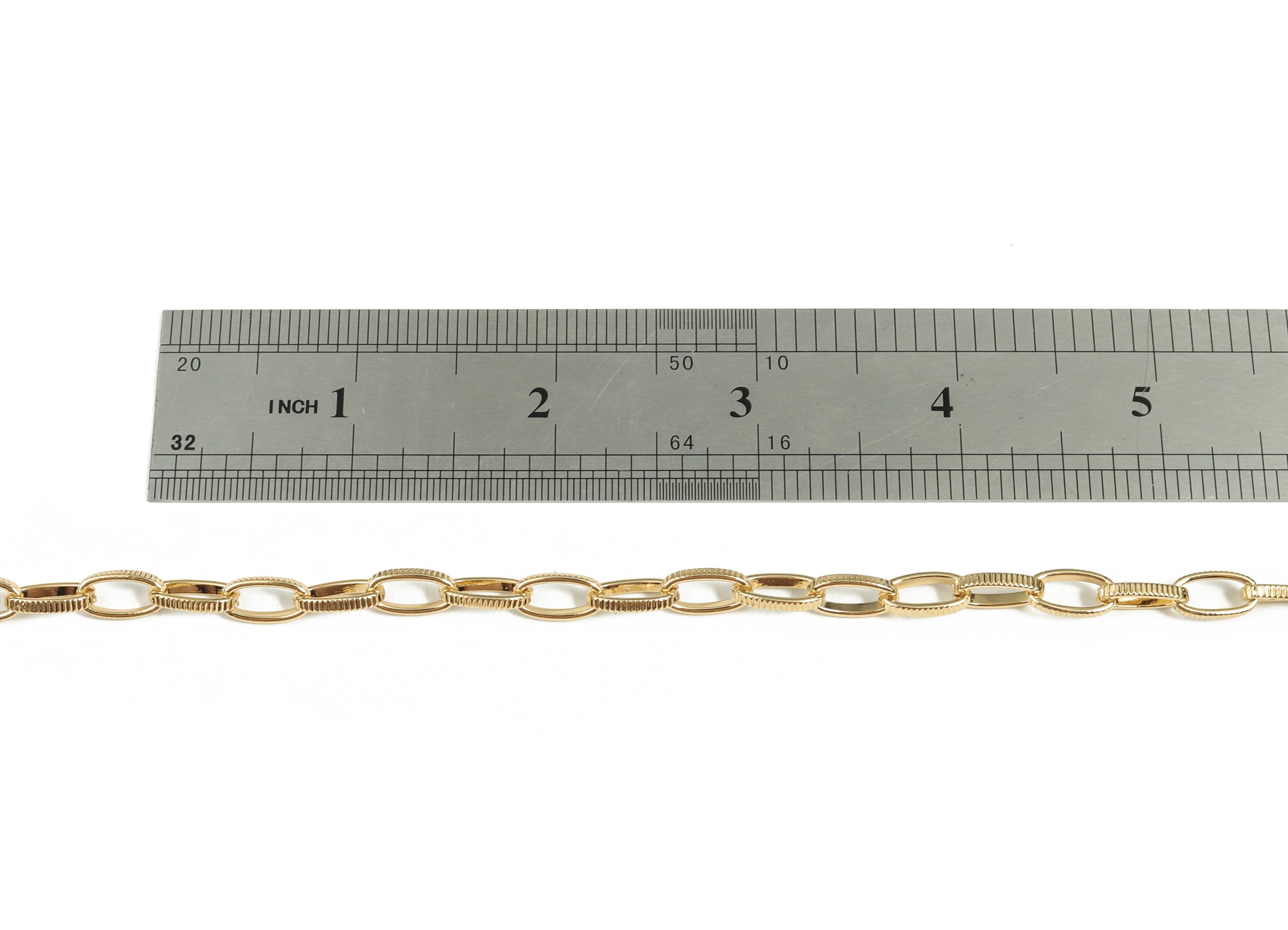 Gold Oval Paper Clip Layering Chain - 18K Real Gold Iron Textured Oval Rolo Cable Chain-Open Link Flat Oval Chain 0.44&quot;x0.23&quot;x0.07&quot; RGP3019 - DOMEDBAZAAR