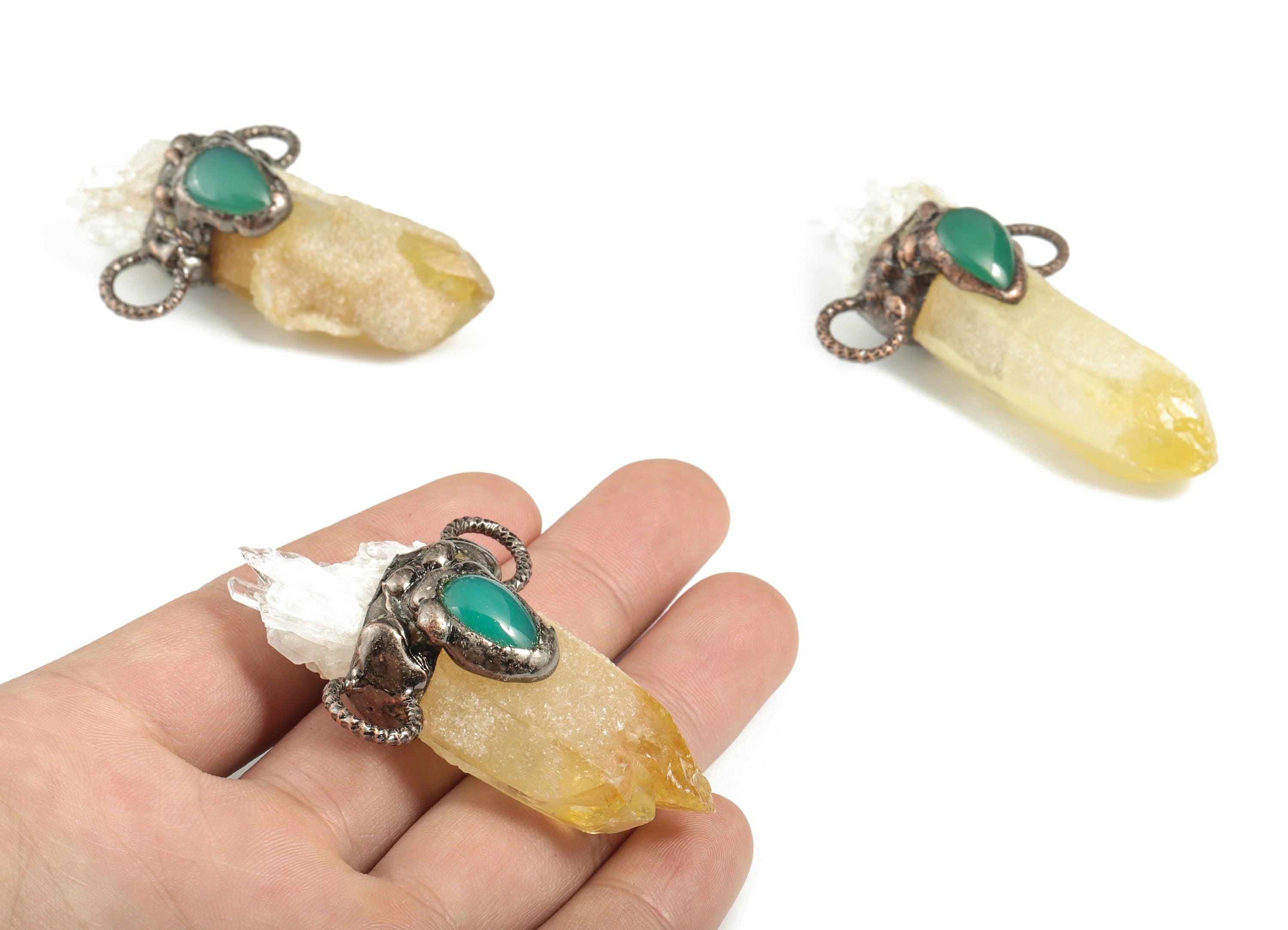 Yellow Crystal Bullet Pendant – Green Zircon Eye Jewelry Charm -  Average Size – Jewelry Making Supplies - 63.18x40.92x22.27mm - NS1318 - DOMEDBAZAAR