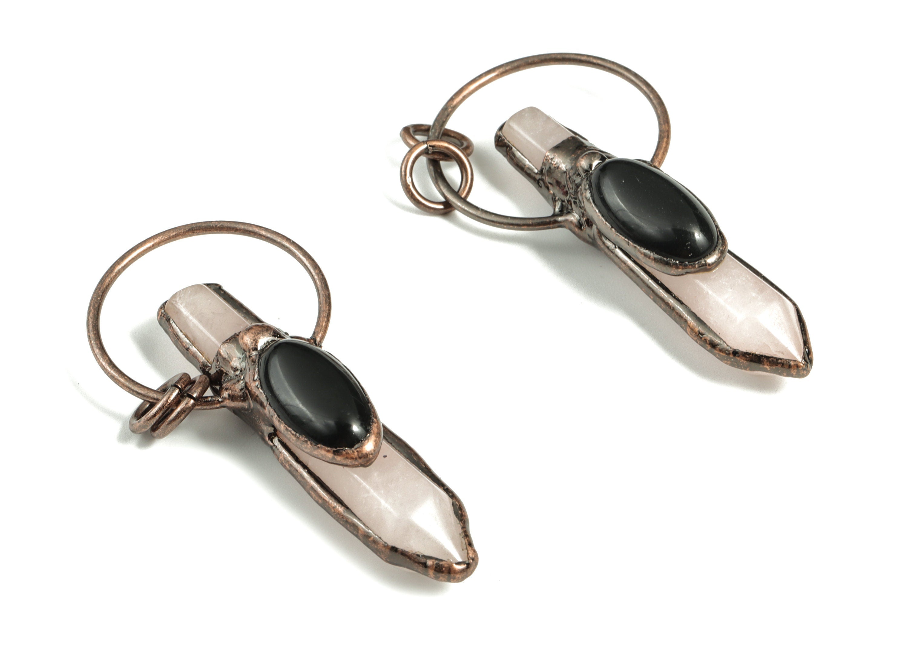 Rose Quartz With Black Onyx Eye Charms - Pink Crystal Bullet Pendant – Jewelry Supplies –  Average Size Charms - 61.97x28.32x14.4mm - NS1326 - DOMEDBAZAAR