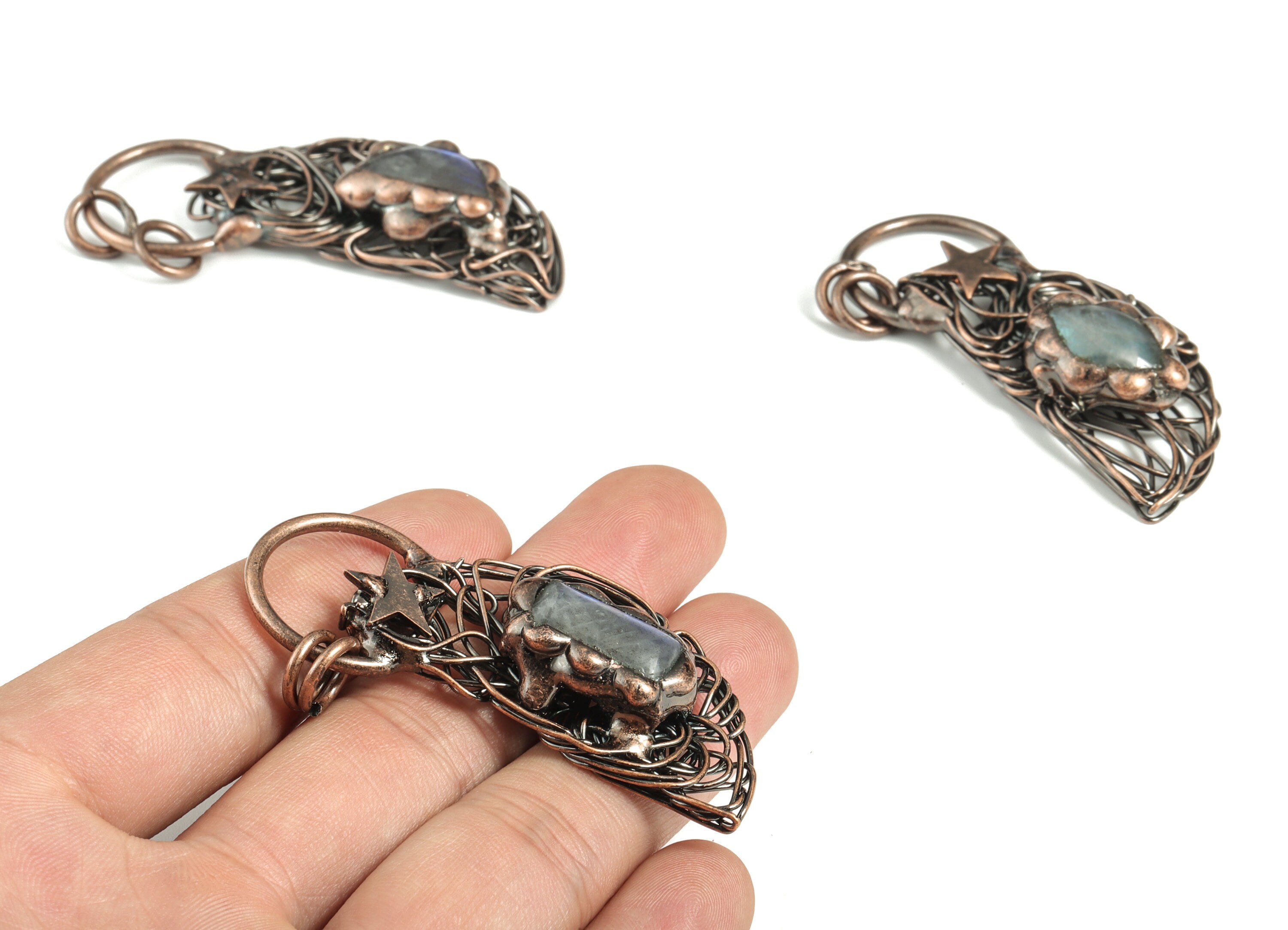 Labradorite Moon Pendant – Star Half Moon Wire Wrap Labradorite Jewelry - Average Size –Jewelry Making Supplies - 61.21x23.33x9.76mm -NS1360 - DOMEDBAZAAR