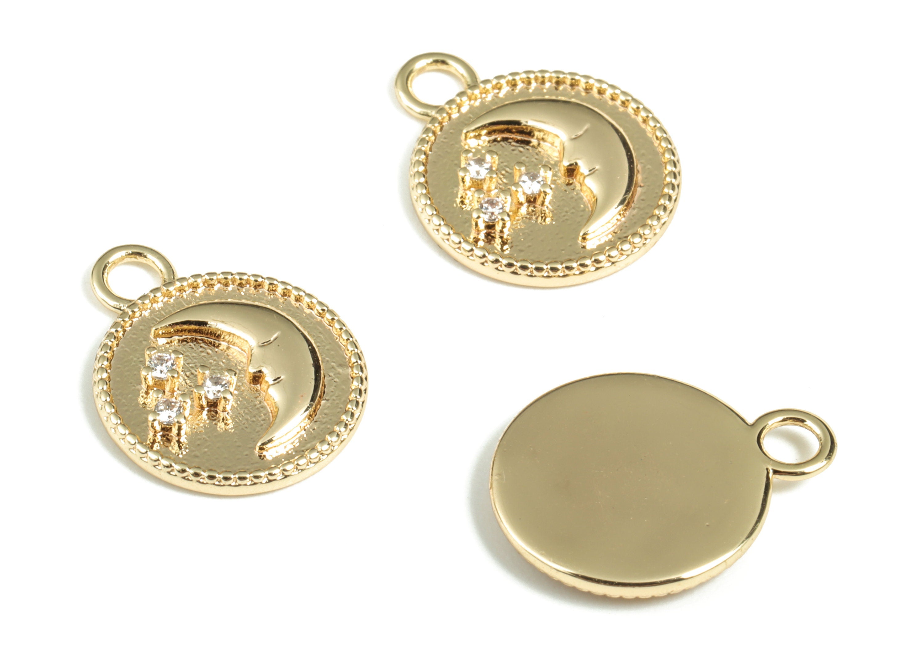 Brass Round Moon Earring Charms With Zircons - Gold Circle Moon Pendant - 18K Real Gold Plated Brass - 15.23x12.01x1.97mm - RGP2847 - DOMEDBAZAAR